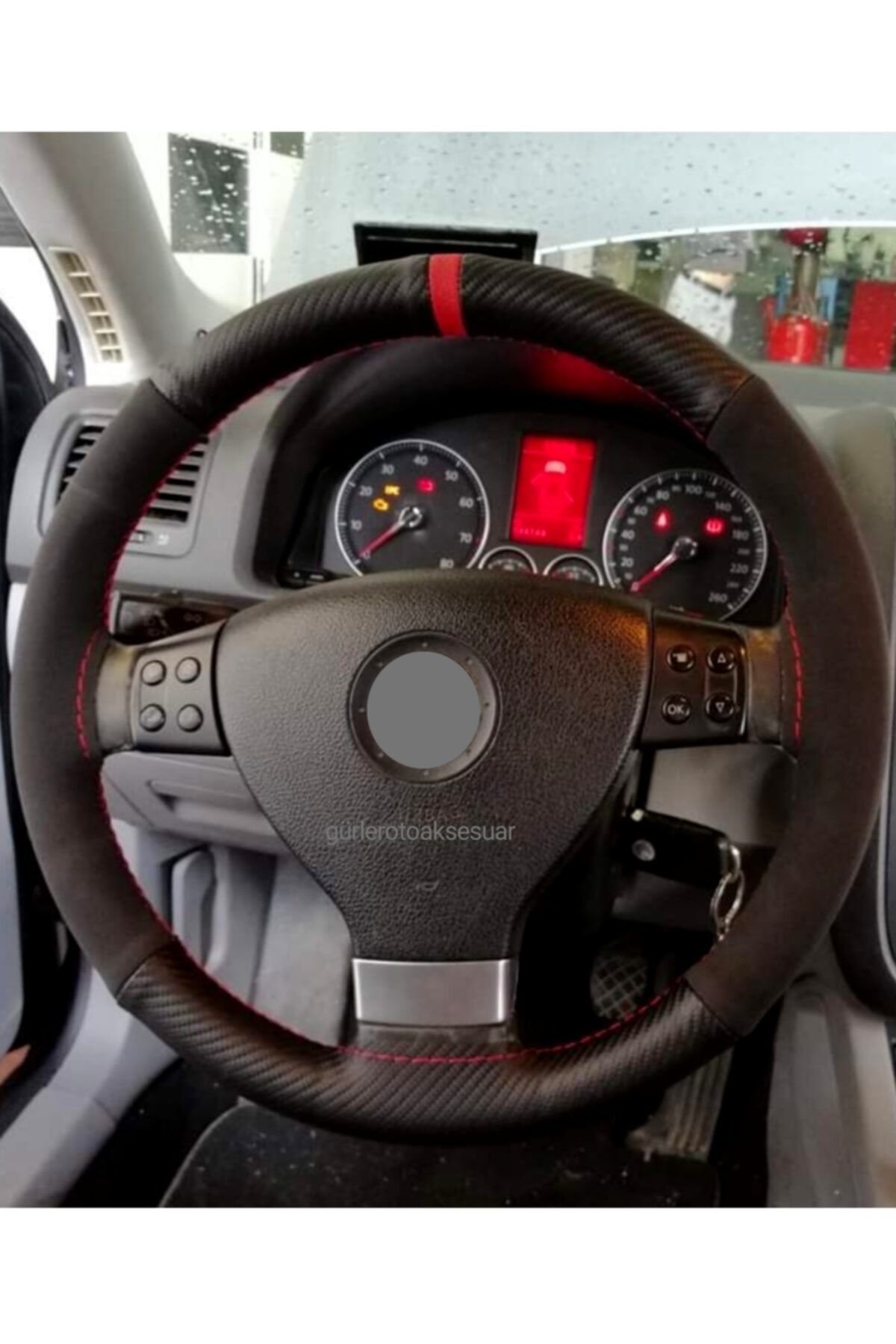 gürlerotoaksesuar Uyumlu Vw Caddy 2004 2020 Alkantra-karbon Kırmızı Yüzüklü Direksiyon Kılıf