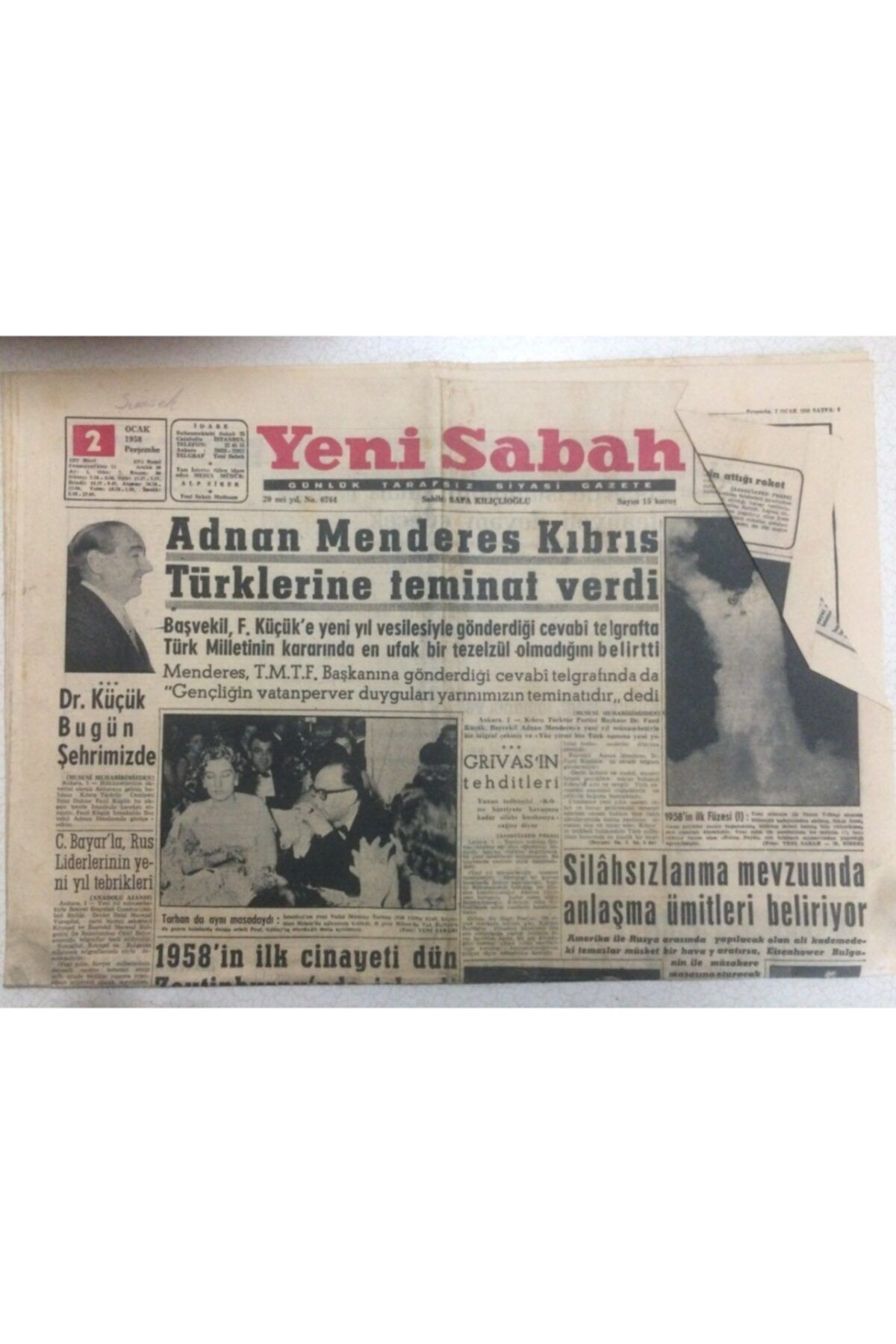 Gökçe Koleksiyon Yeni Sabah Gazetesi 2 Ocak 1958 - Adnan Menderes Kıbrıs Türklerine Teminat Verdi Gz52208