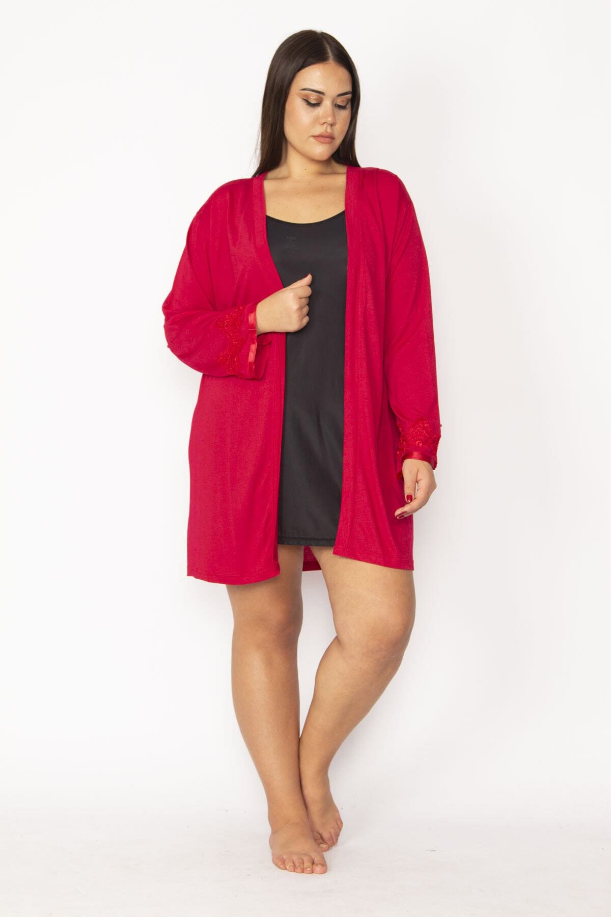 Şans Kadın Kırmızı Dantel Detaylı Sabahlık 65N29365