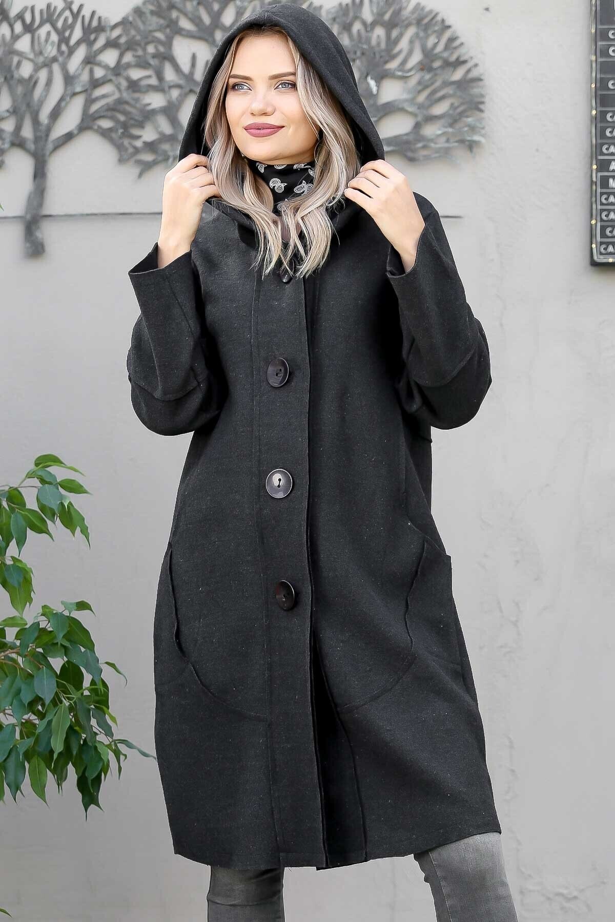 Chiccy Kadın Antrasit Dev Düğme Detaylı Kapüşonlu Ve Cepli Kaşe Kaban M10210200ka99857