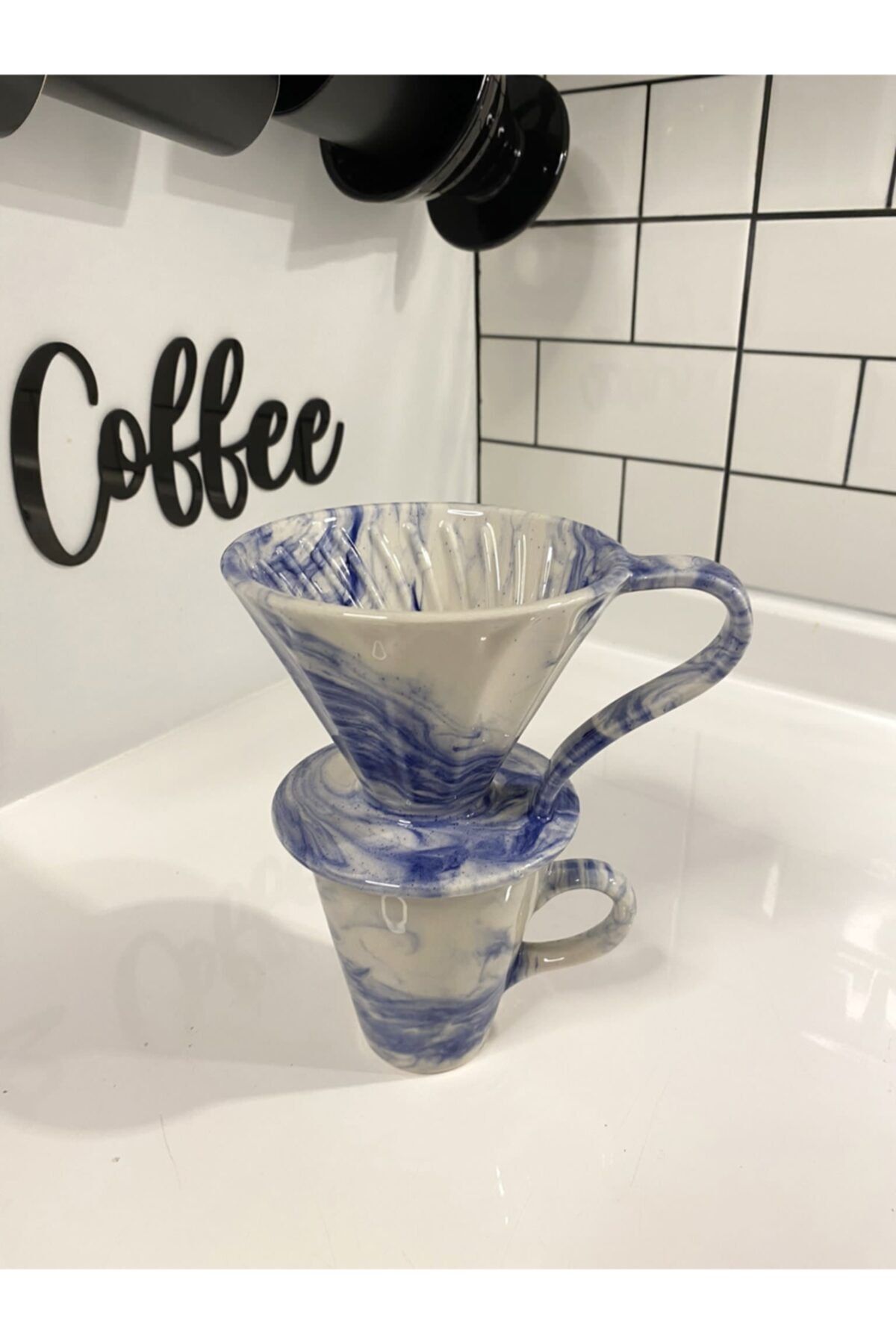 stilinbu Seramik V60 Dripper Ve Kupa Set (mavi-beyaz) Ebru Desenli