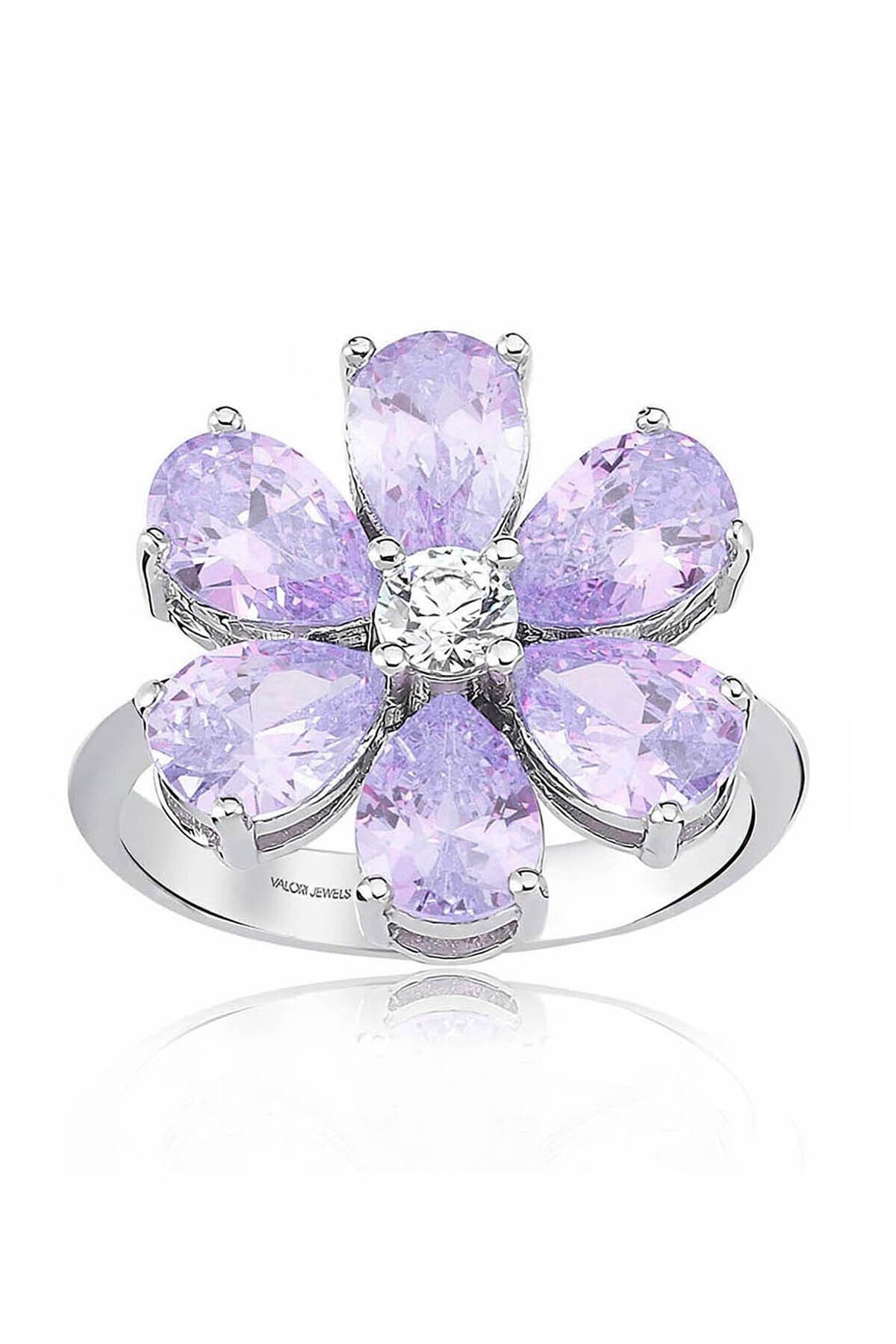 Valori Jewels 4 Karat Zirkon Lila Rengi Damla Taşlı, Unutma Beni Çiçek Gümüş Yüzük
