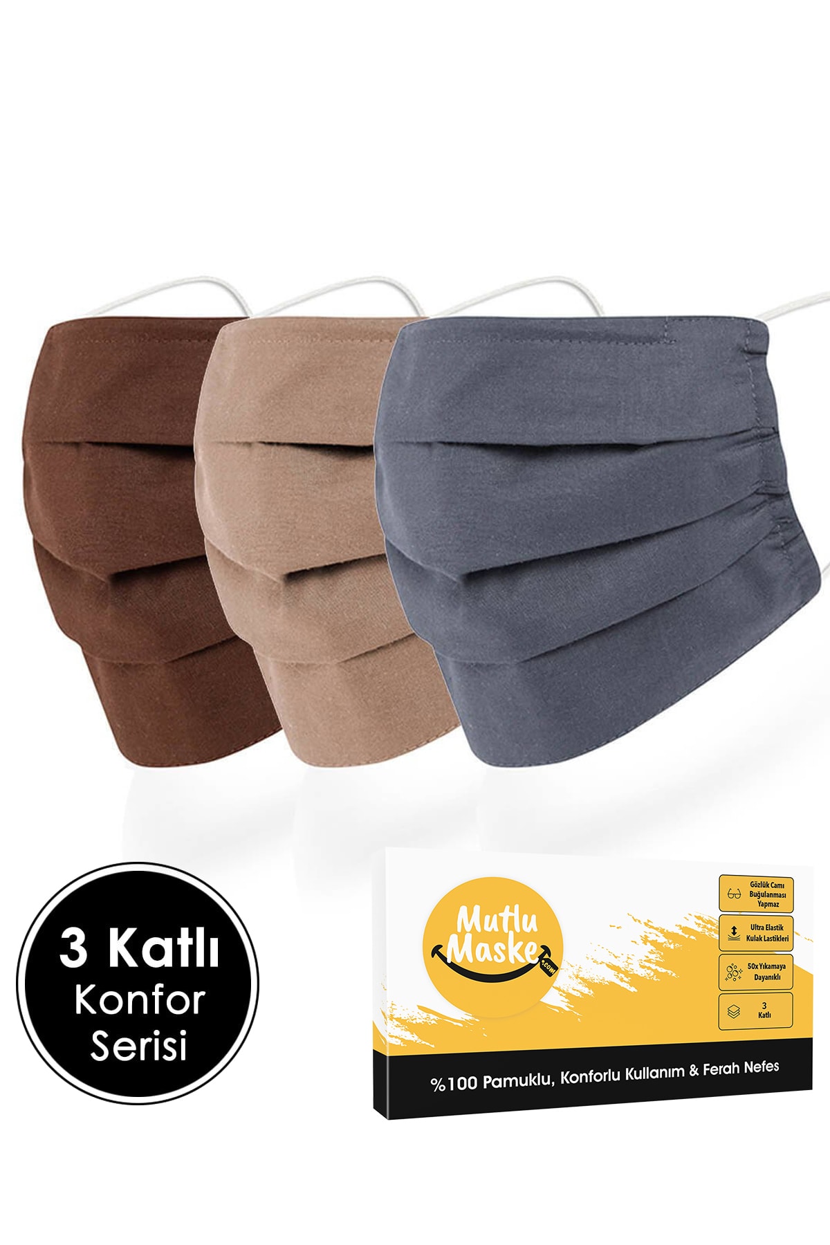 Mutlu Maske Konfor Serisi 3 Katlı Telli Kahverengi Gri Renkli Pamuklu Kumaş Yıkanabilir Bez Maske 3'lü Set