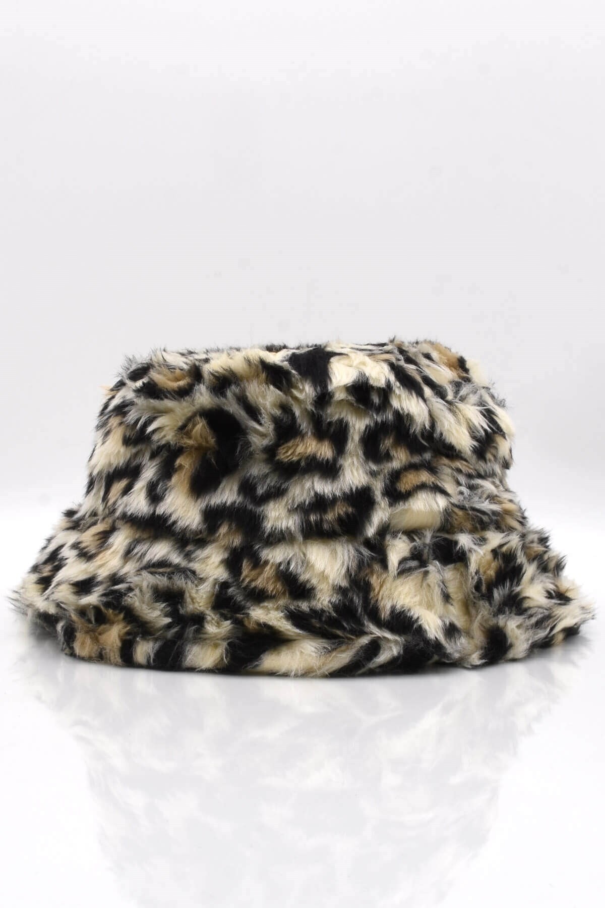 Külah Kadın Leopar Desen Peluş Bucket Kova Şapka