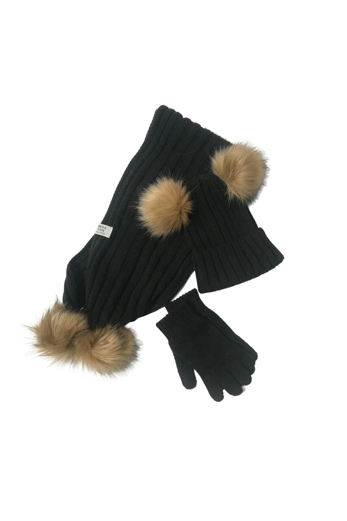 Berakids Vizon Ponponlu Siyah Çocuk Atkı Bere Eldiven Takım 3-7 Yaş