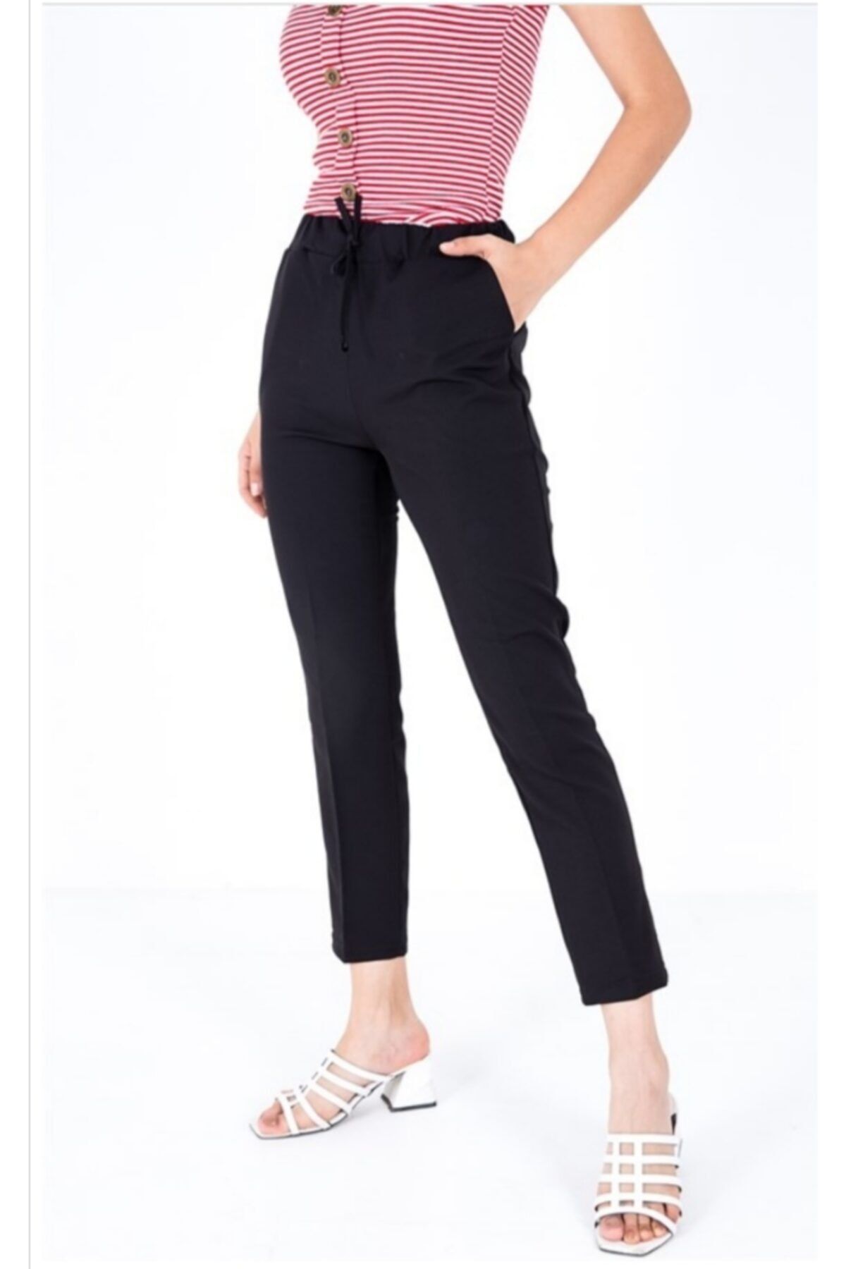 Lucia Fashion Kadın Siyah Beli Lastikli Dar Paça Yandan Cepli Kumaş Pantolon