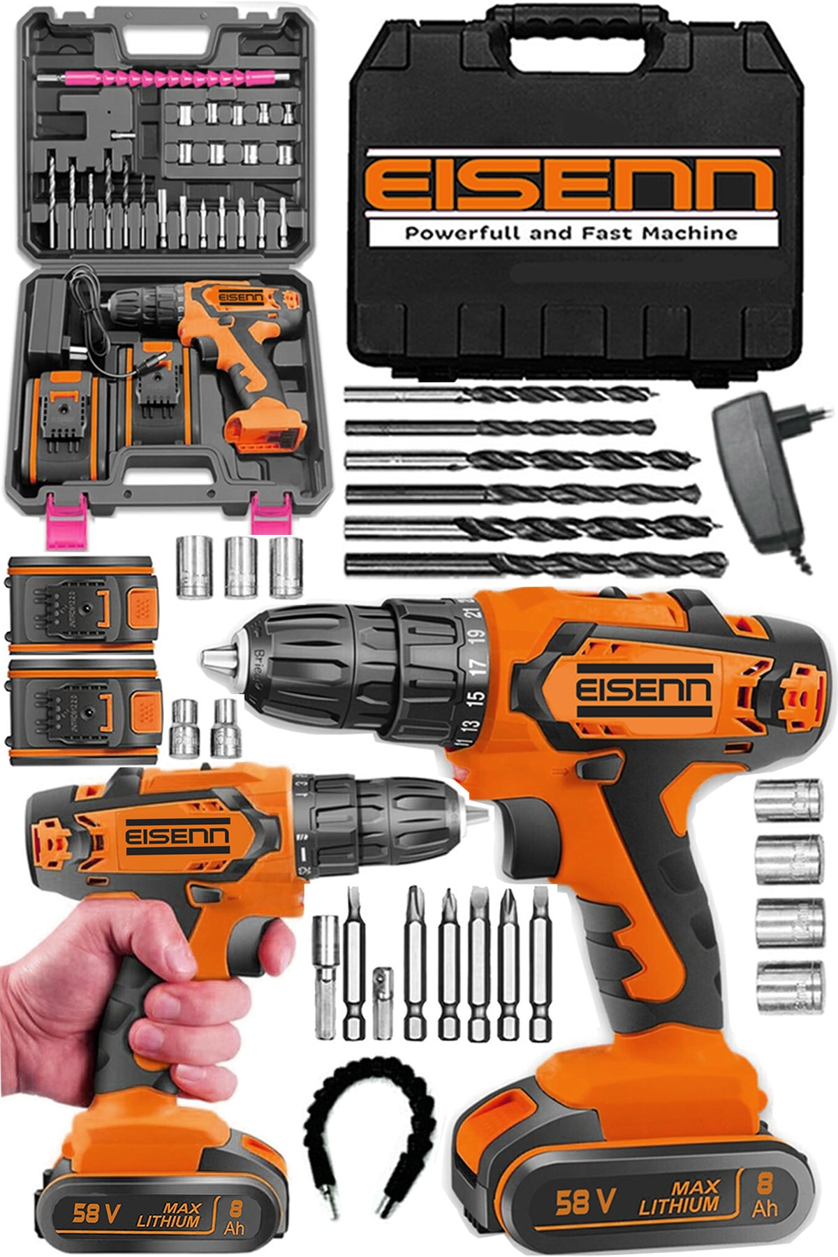 Eisenn Germany Technology Ornj Darbeli Copper 58 V 8 Ah Metal Şanzıman Akülü Vidalama Matkap Set