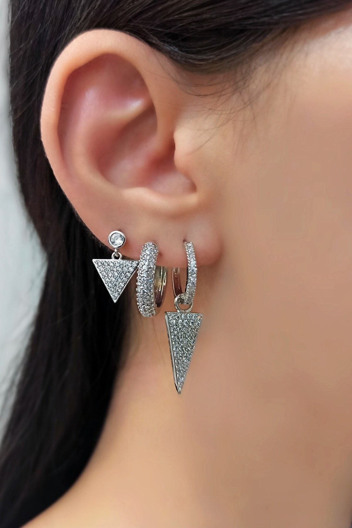 Çlk Accessories 3 Lü Taşlı Üçgen Küpe Kombin Trküpe34118 B35003