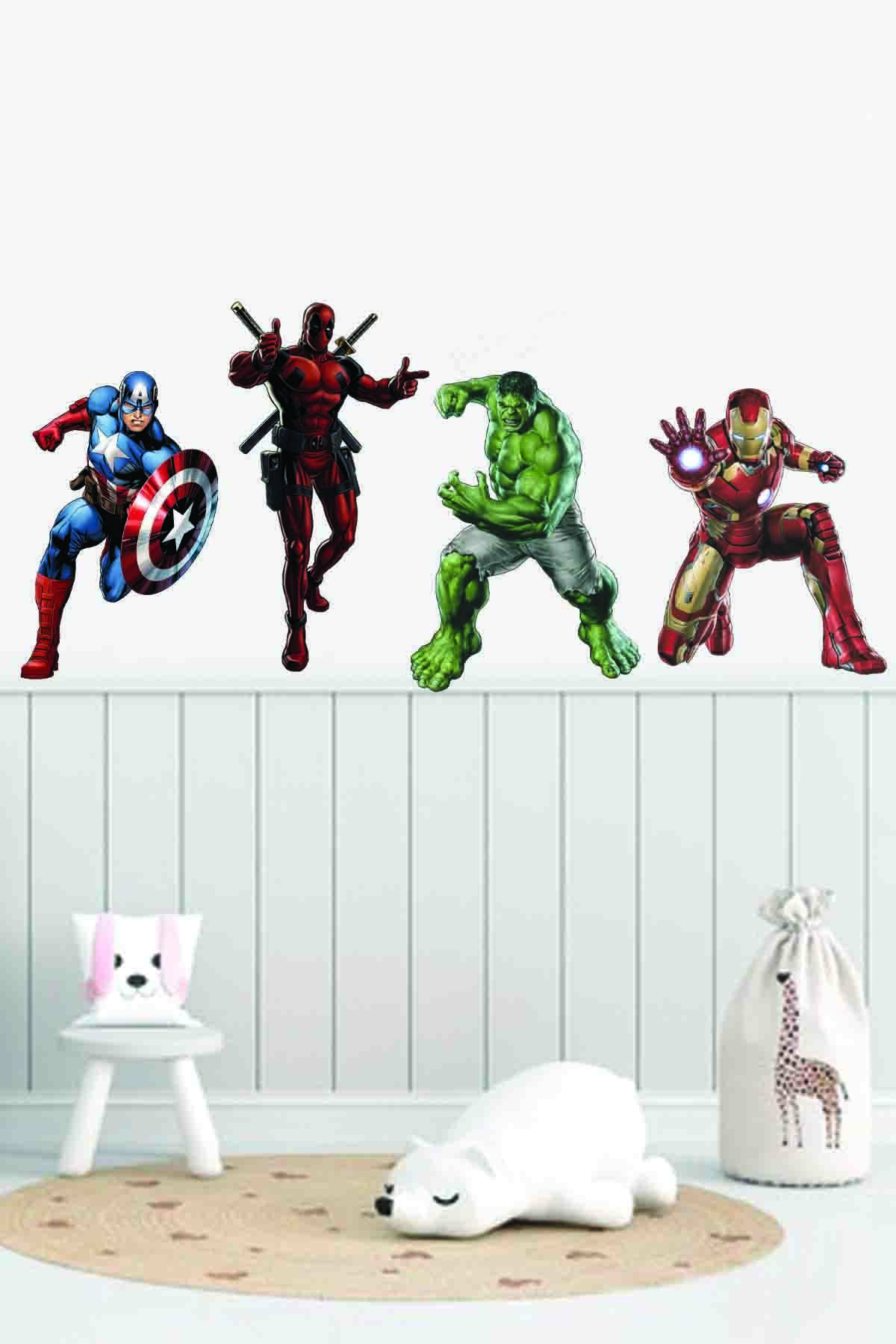 Sepet Yıldızı Avengers Kahramanları Deadpool Captain America Ironman Hulk Duvar Sticker Dörtlü Set