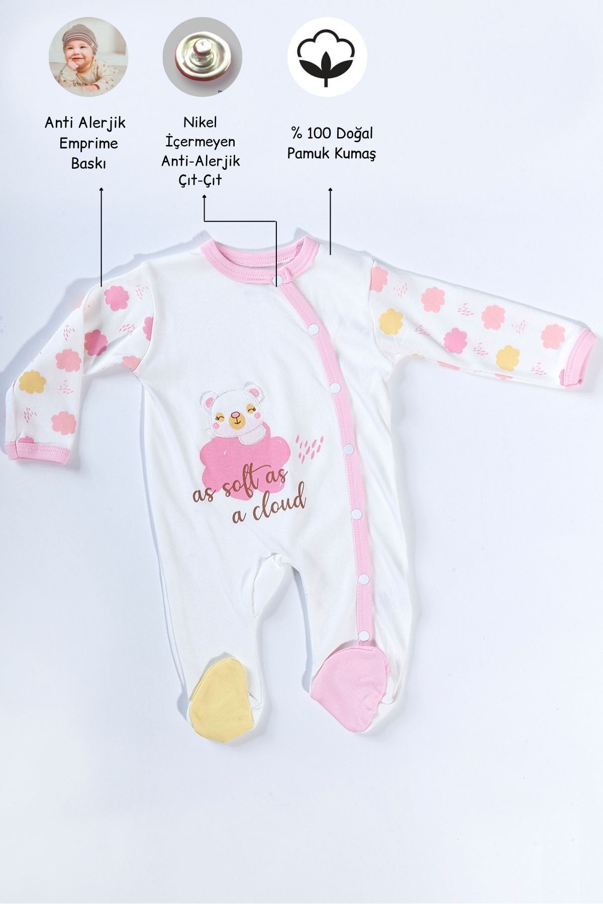Cocoshka %100 Pamuk Pembe Ayıcık - Bulut Baskılı Bebek Tulumu