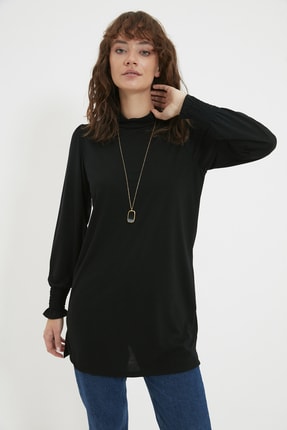 Trendyol Modest Siyah Yarım Balık&ccedil;ı &Ouml;rme Tunik TCTAW22UK0037