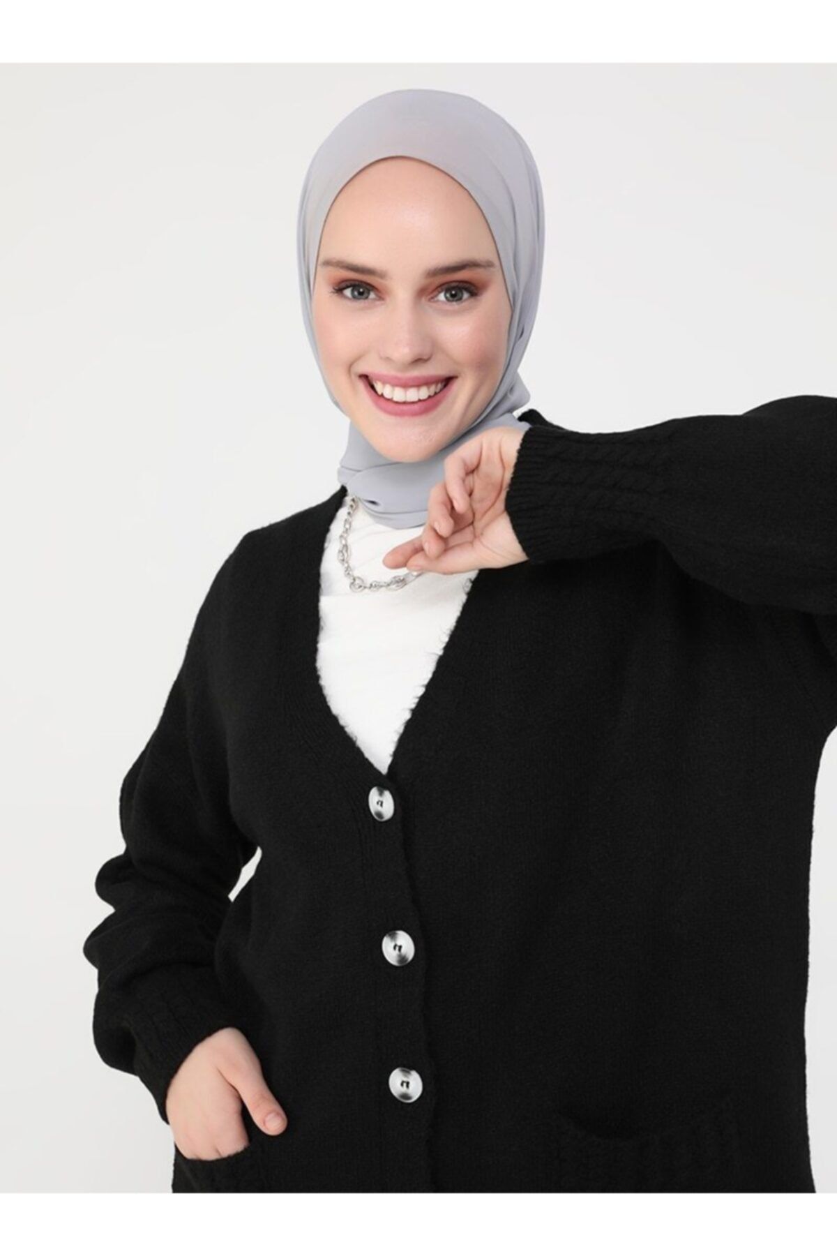 Refka Saç Örgü Detaylı Triko Hırka - Siyah - Casual