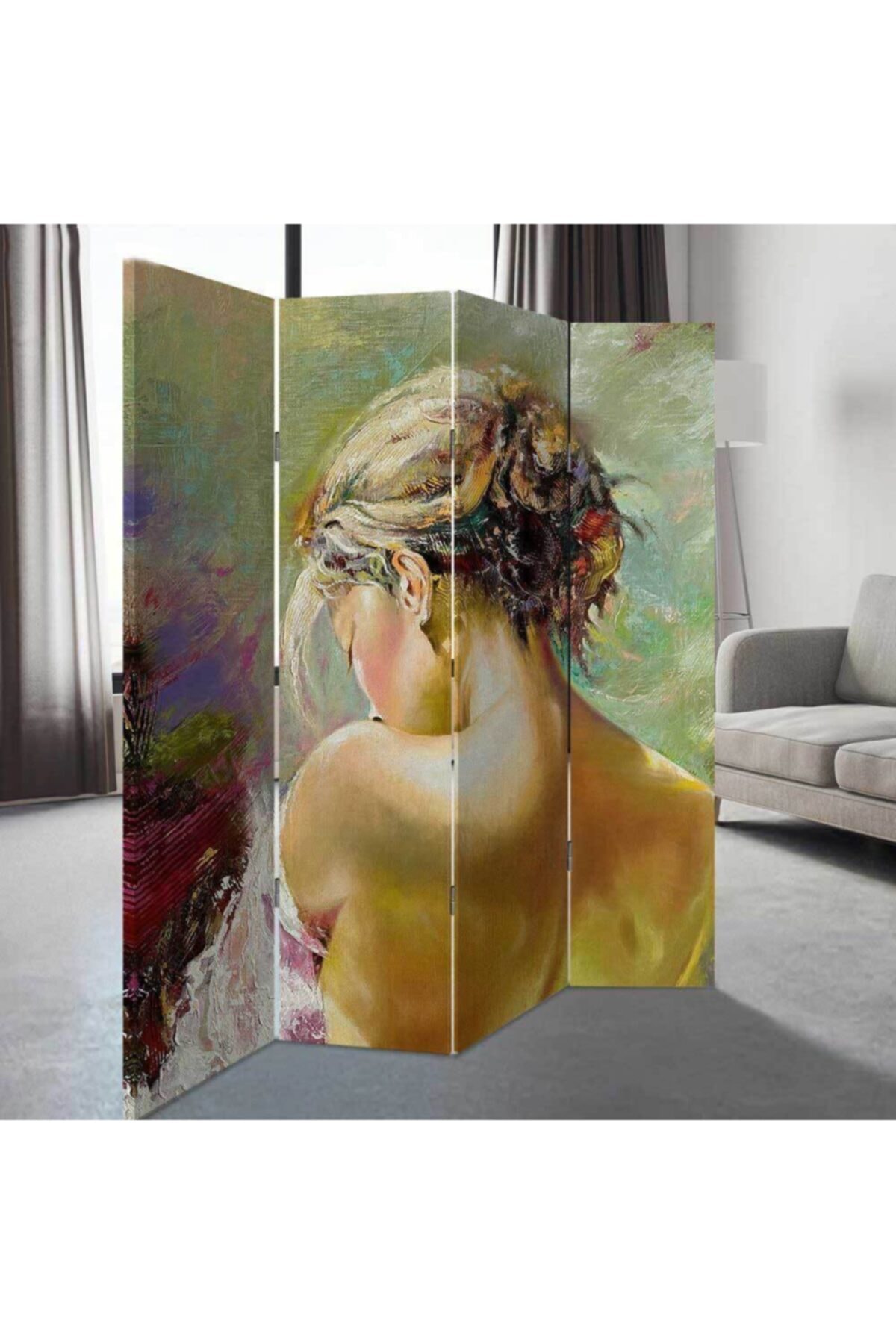 StellaStore Yağlı Boya Portre 4 Kanatlı Oda Bölücü Çift Taraflı Kanvas Paravan