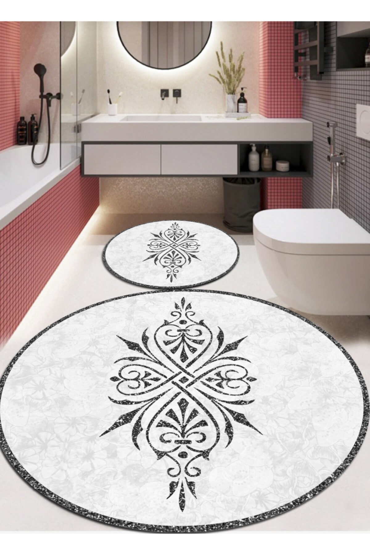 Ardizayn Damask - Gri, Kaymaz, Dökülmez Deri Taban 2'li Yuvarlak Klozet Takımı, Banyo Halısı(120x120-60x60)