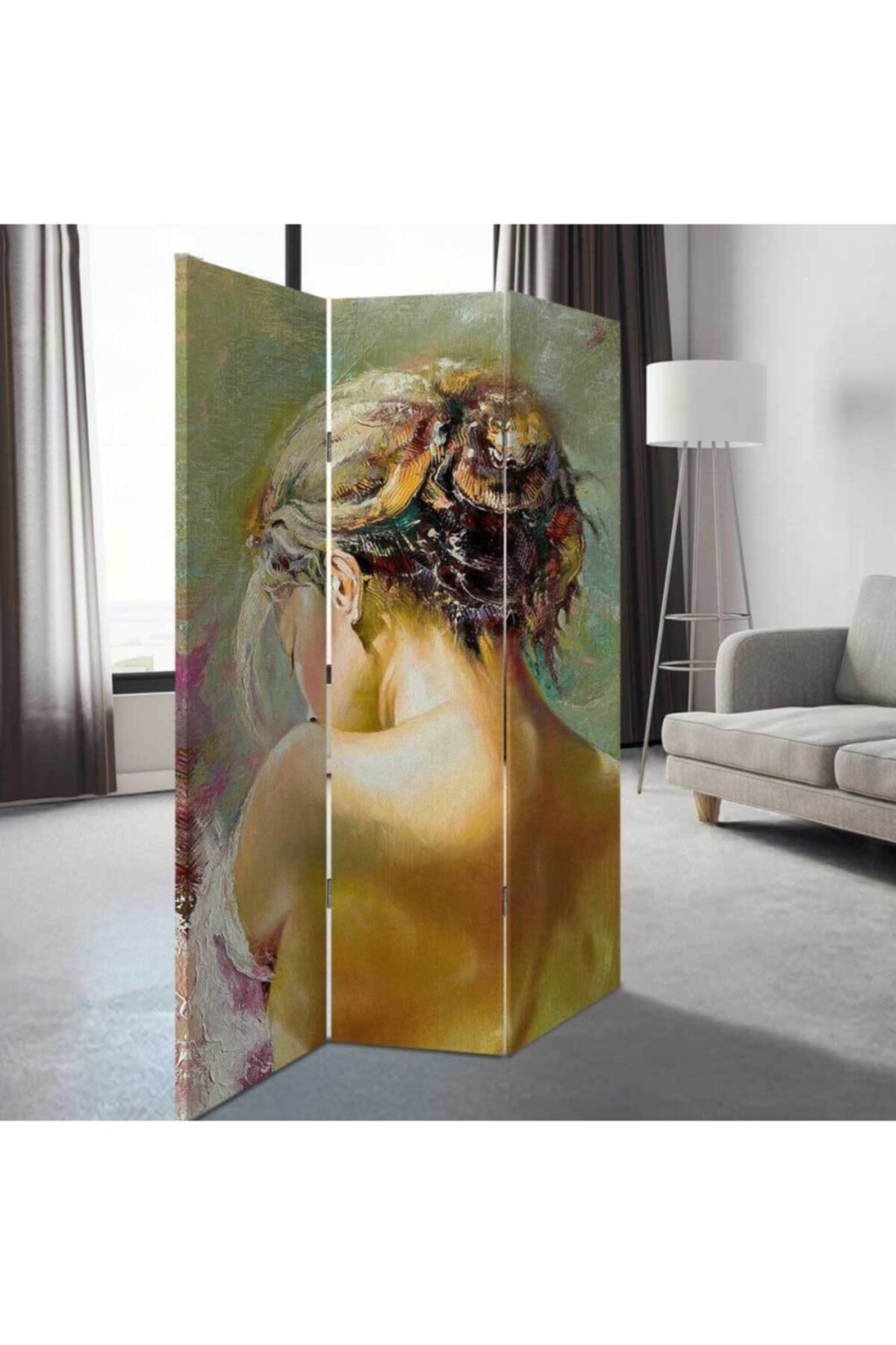 StellaStore Yağlı Boya Portre 3 Kanatlı Oda Bölücü Çift Taraflı Kanvas Paravan