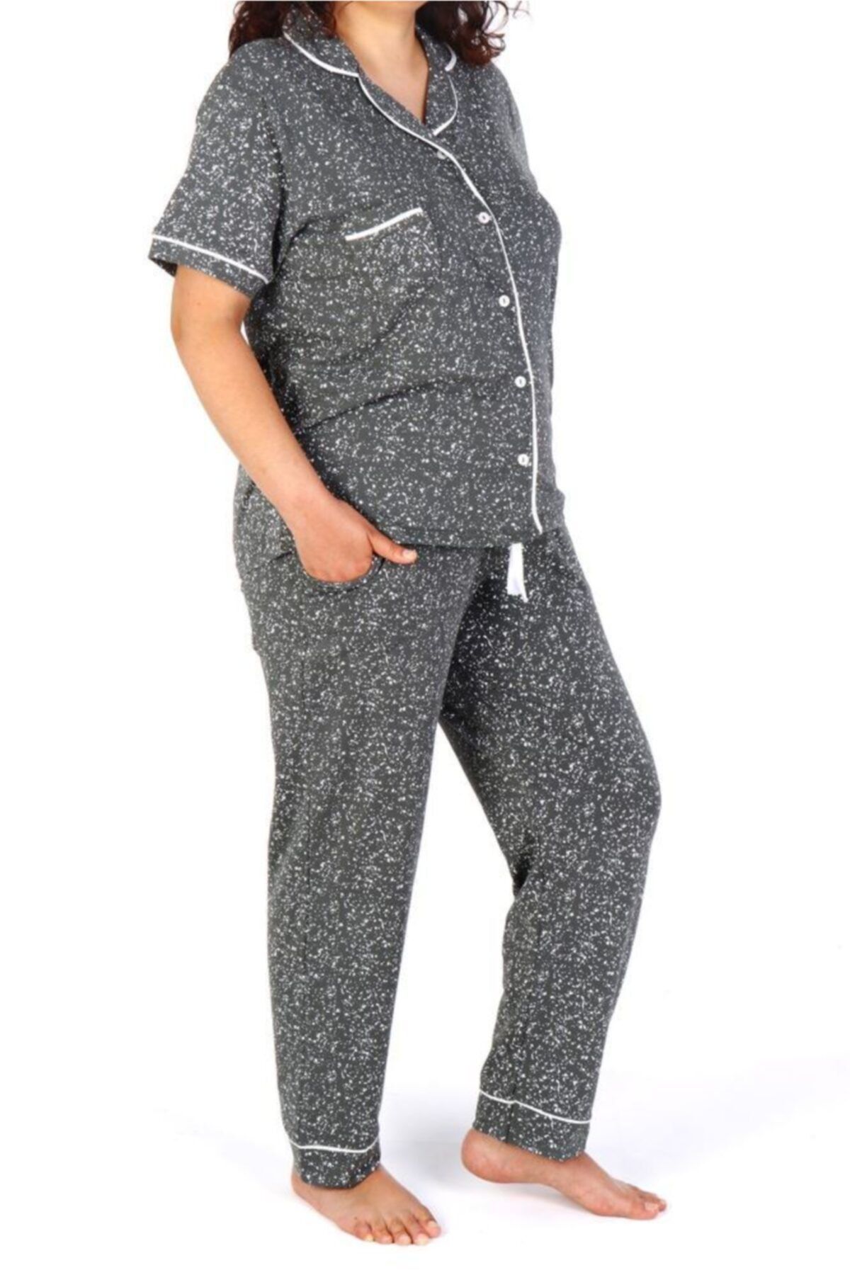 Nicoletta Haki Kadın Pijama Takımı Düğmeli Kısa Kollu Büyük Beden Cepli Likralı