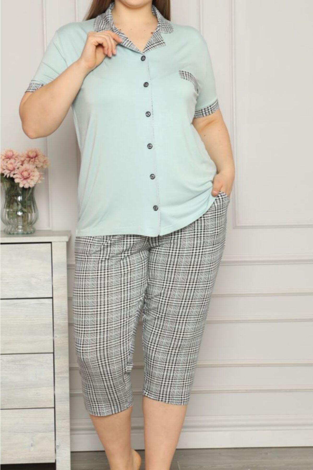 Nicoletta Mınt Kadın Kapri Pijama Takımı Kısa Kollu Büyük Beden Likralı