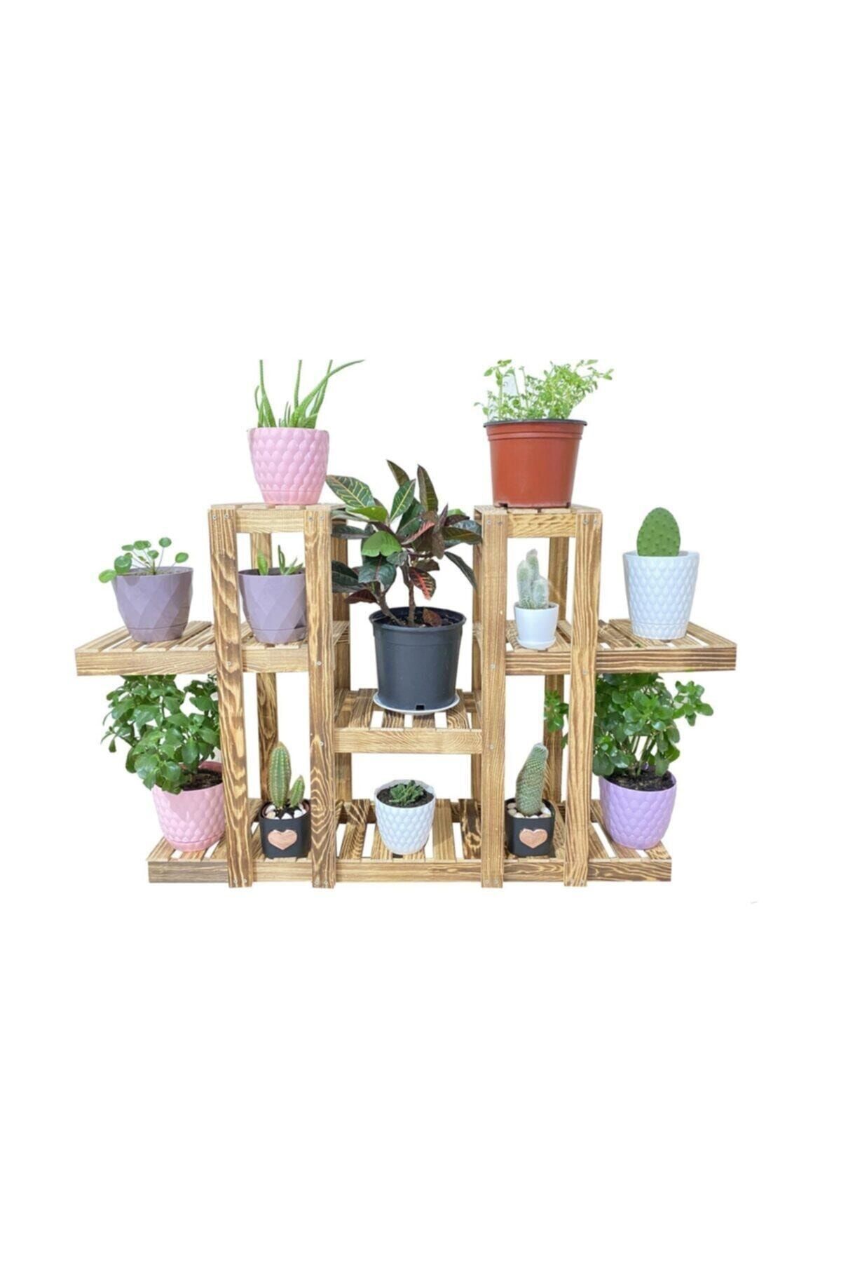 DEHAMODA 4katlı 12 Bölmeli Doğal Ahşap Dekoratif Balkon Bahçe Çiçeklik Saksı Standı Saksılık 119x90x24