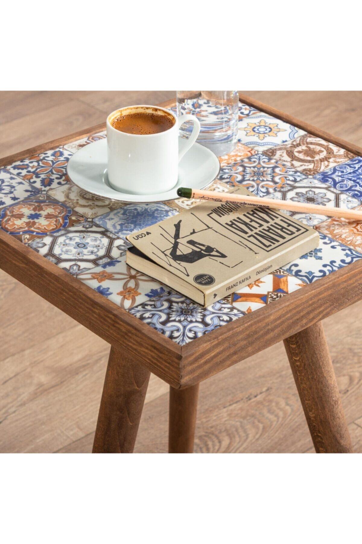 bluecape Esperanza Ceviz Sehpa 32x32cm Doğal Masif Seramik Orta Sehpa Zigon Salon Mobilya