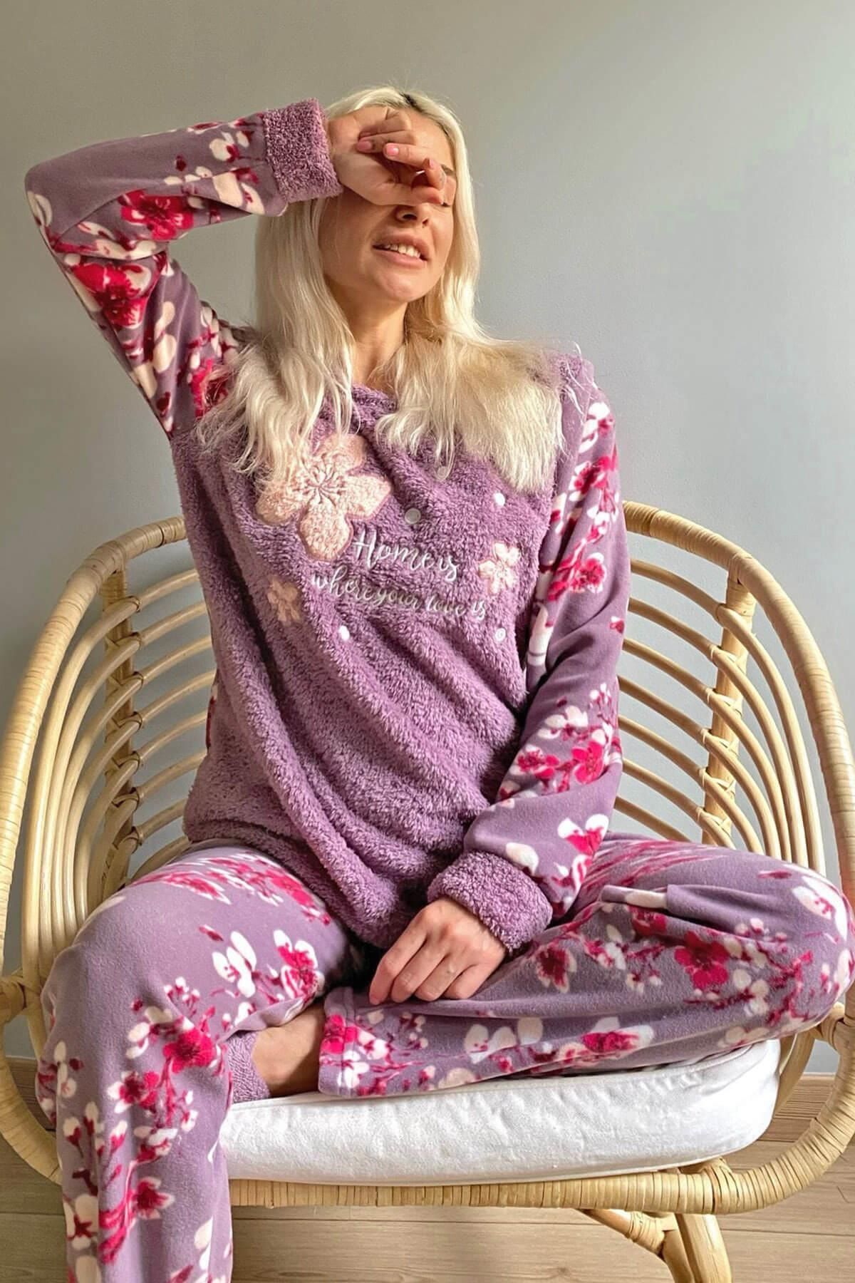 Pijamaevi Kadın Mor Yaprak Desenli  Peluş Pijama Takımı