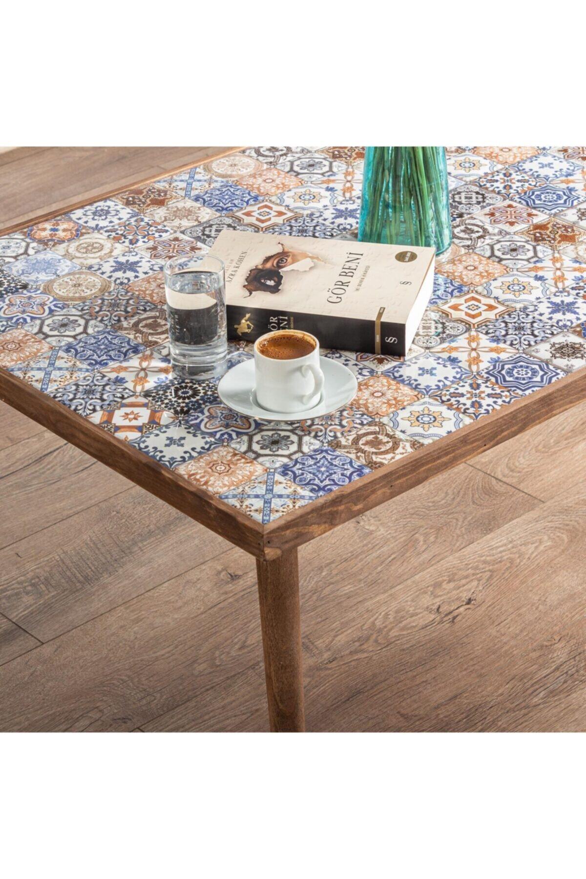bluecape Esperanza Ceviz Sehpa 62x92cm Doğal Masif Seramik Orta Sehpa Zigon Salon Mobilya