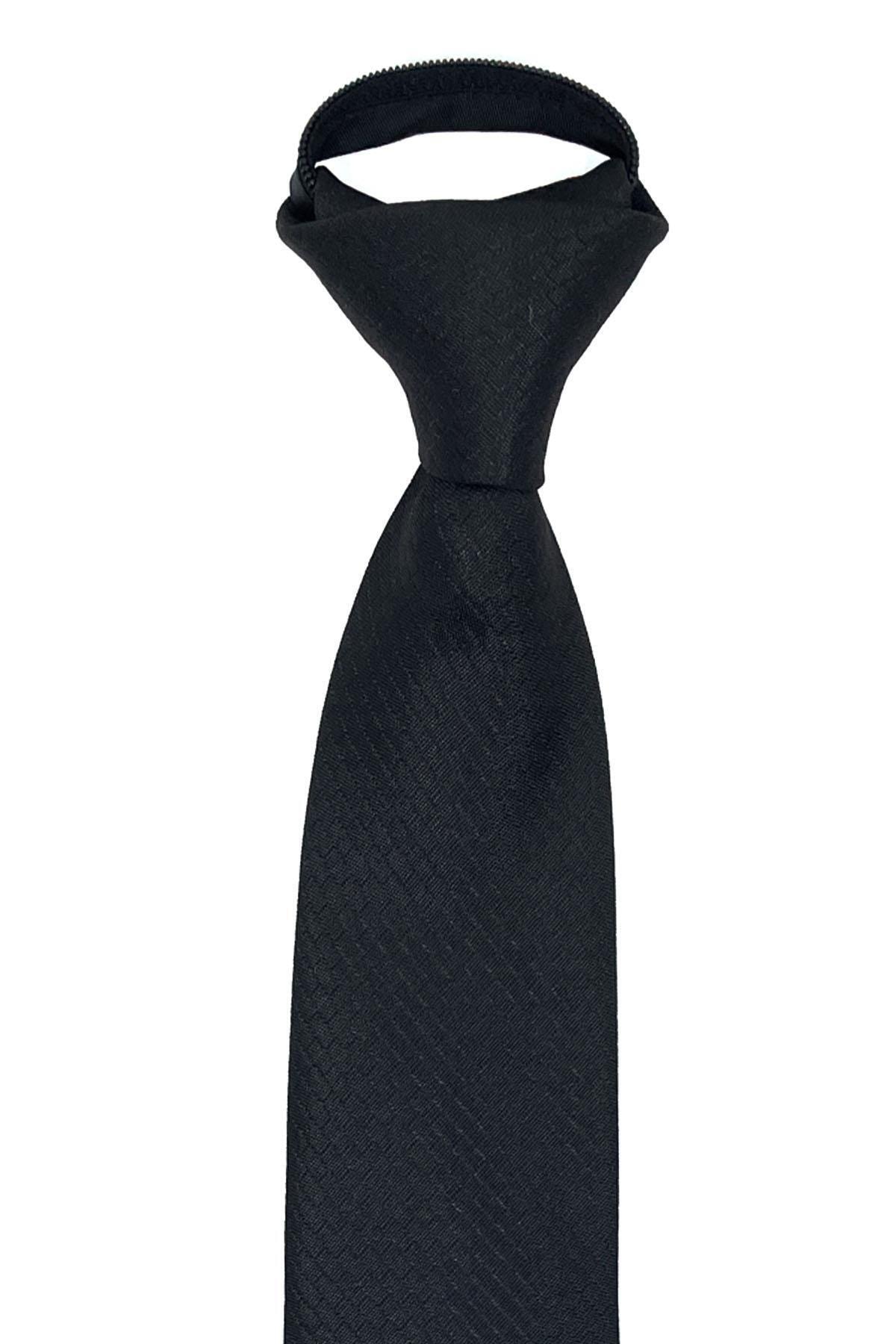 Kravatkolik Siyah Kendinden Desen Mendilli Fermuarlı Kravat Frmr10