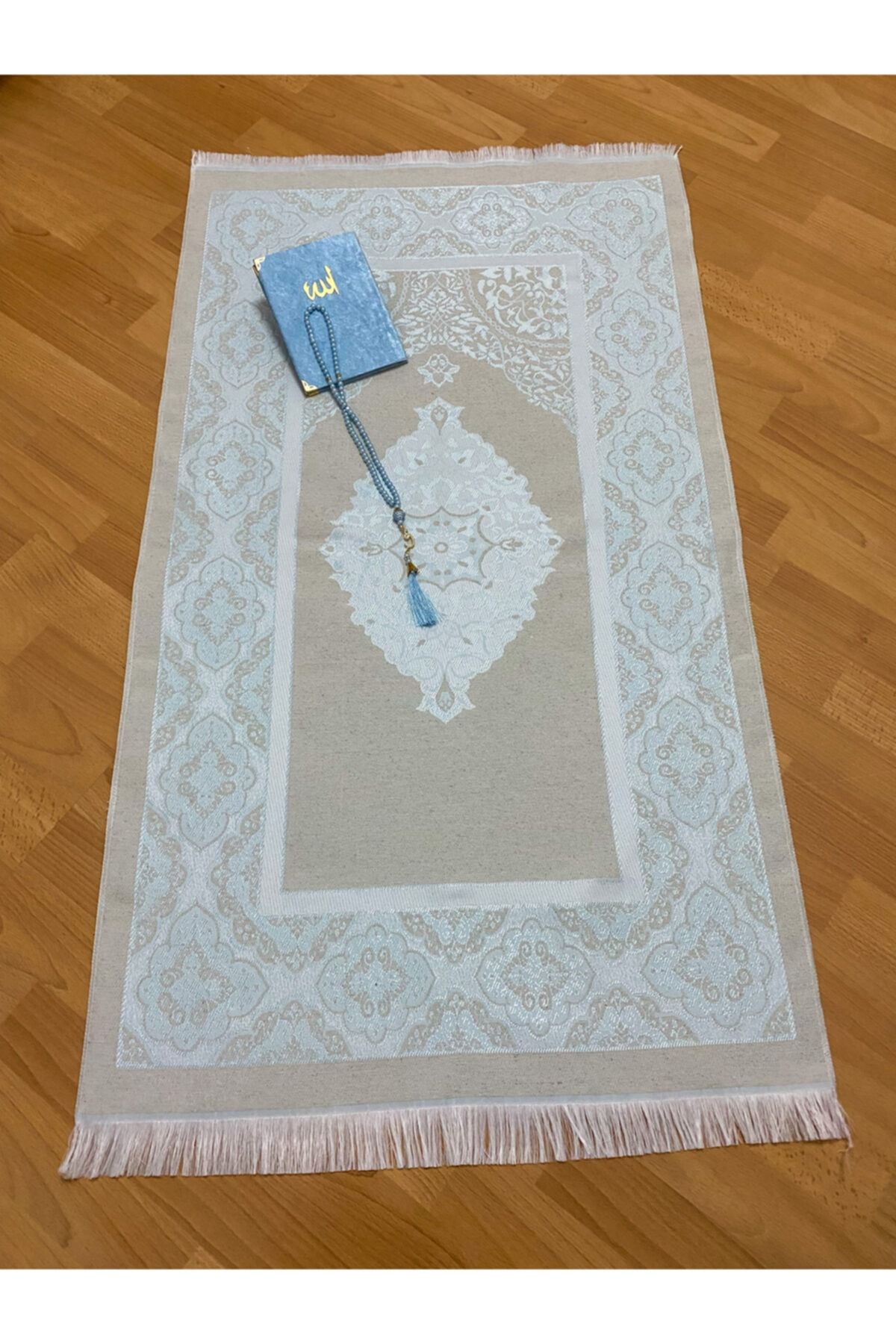 ayhan home ev tekstili Hediyelik Bohçalık Tafta Saçaklı Mavi Seccade, Yasin, Tesbih Seti
