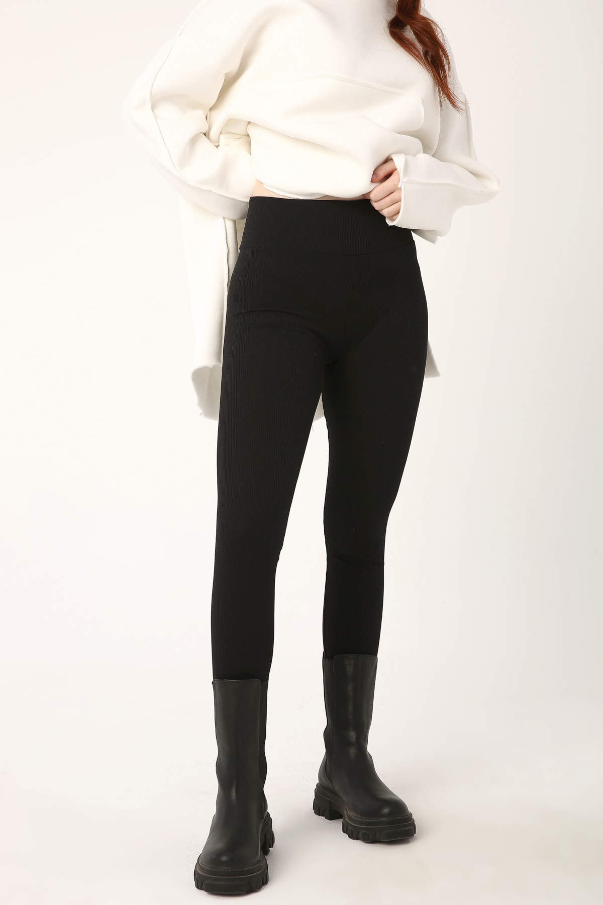 Ekrumoda Siyah Yüksek Bel Fitilli Tayt