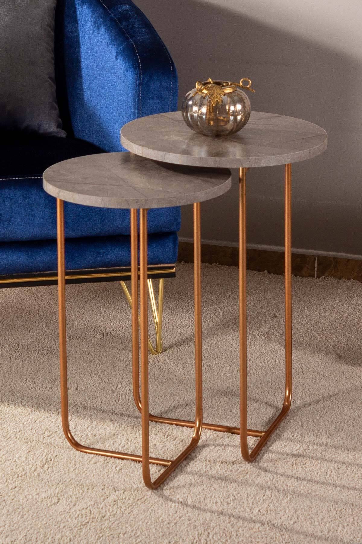 tino furniture Carla 2'li Rose Gold Metal Yuvarlak Yan Sehpa Antrasit Mermer