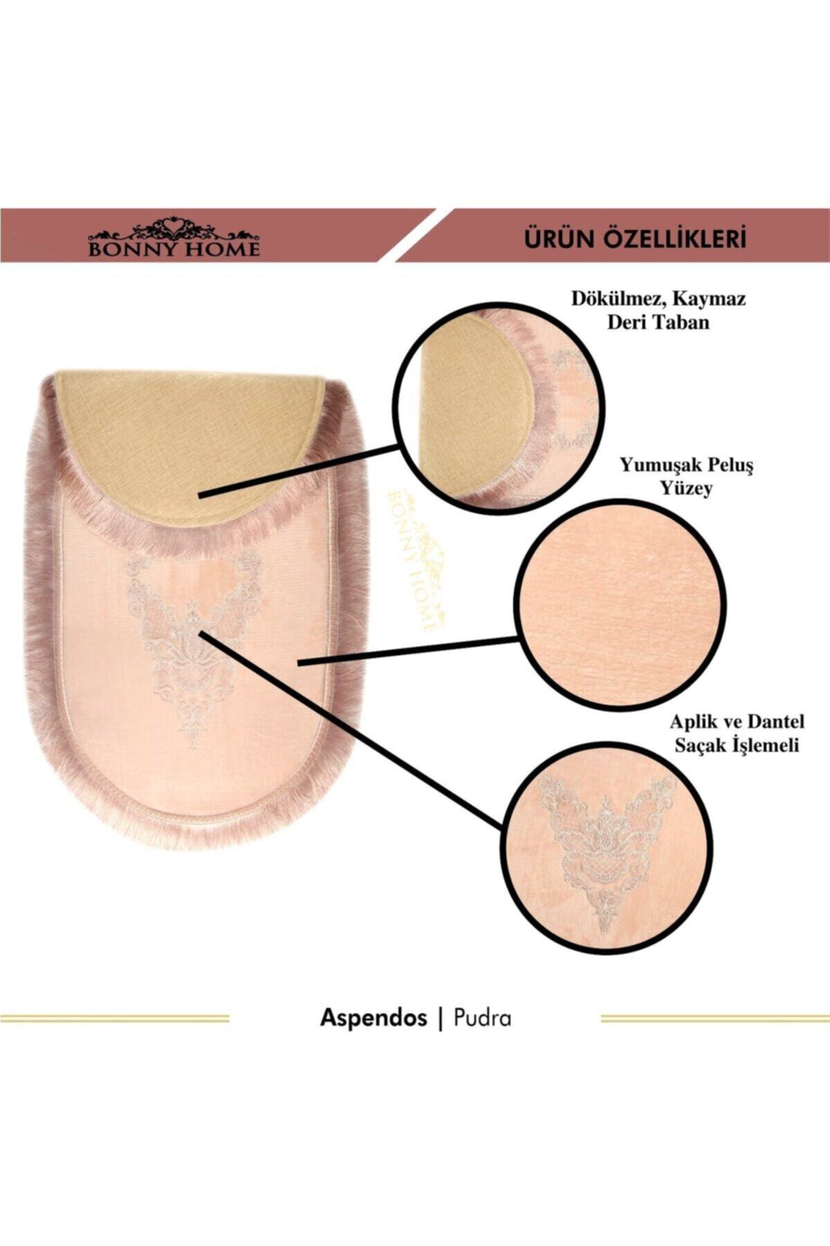 Bonny Home Aspendos Pudra 3'lü Fransız Dantelli Püsküllü Çeyizlik Klozet Takımı Banyo Paspası Seti