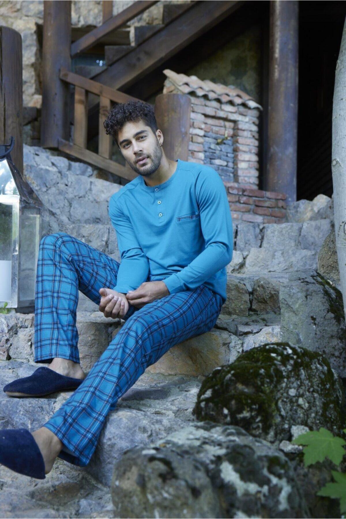 Aydoğan Erkek Pamuklu Penye Süprem Uzun Kollu Altı Ekoseli Pijama Takımı