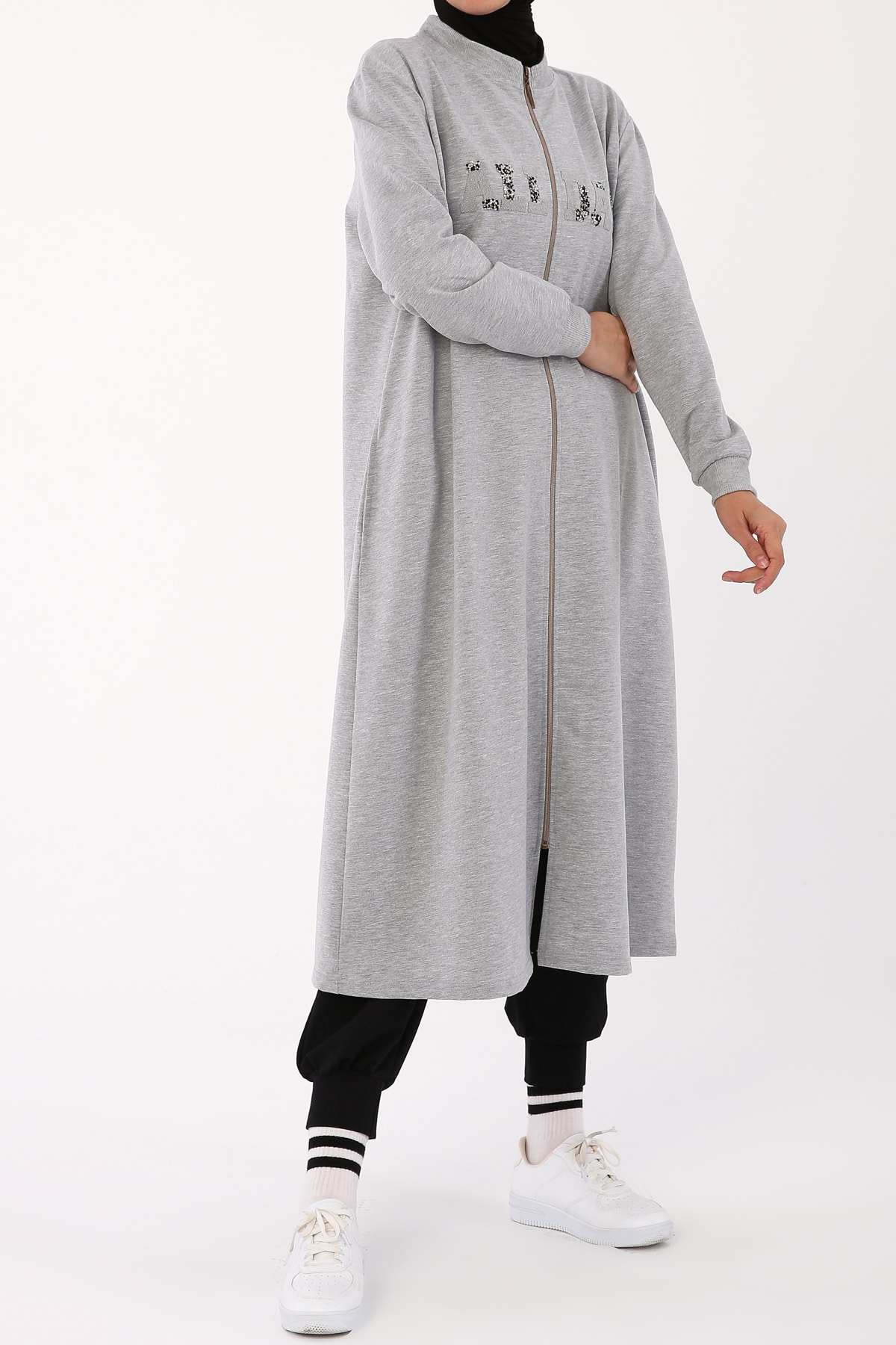 ALLDAY Gri Melanj Taş Baskılı Büyük Beden Hırka