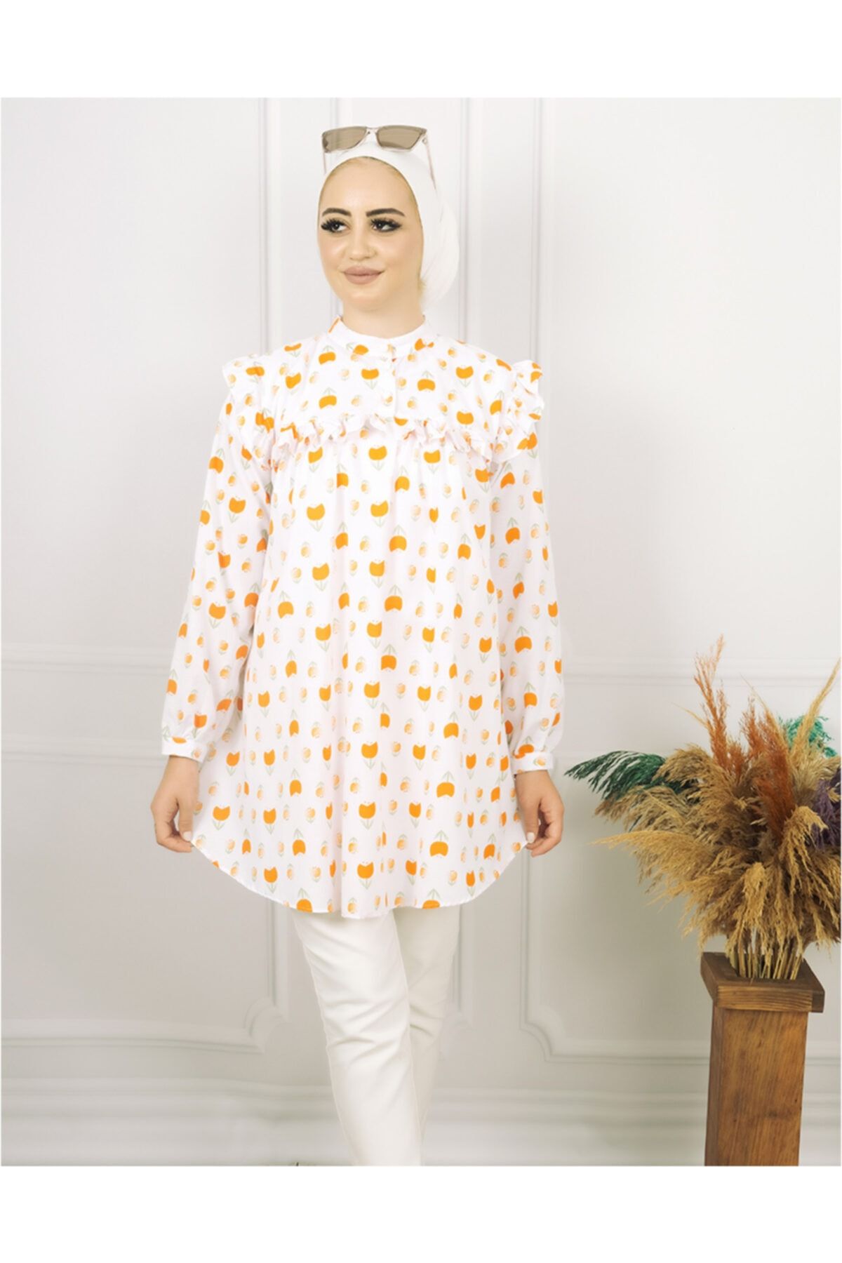 Divanisa Lale Desen Fırfırlı Gömlek Orange