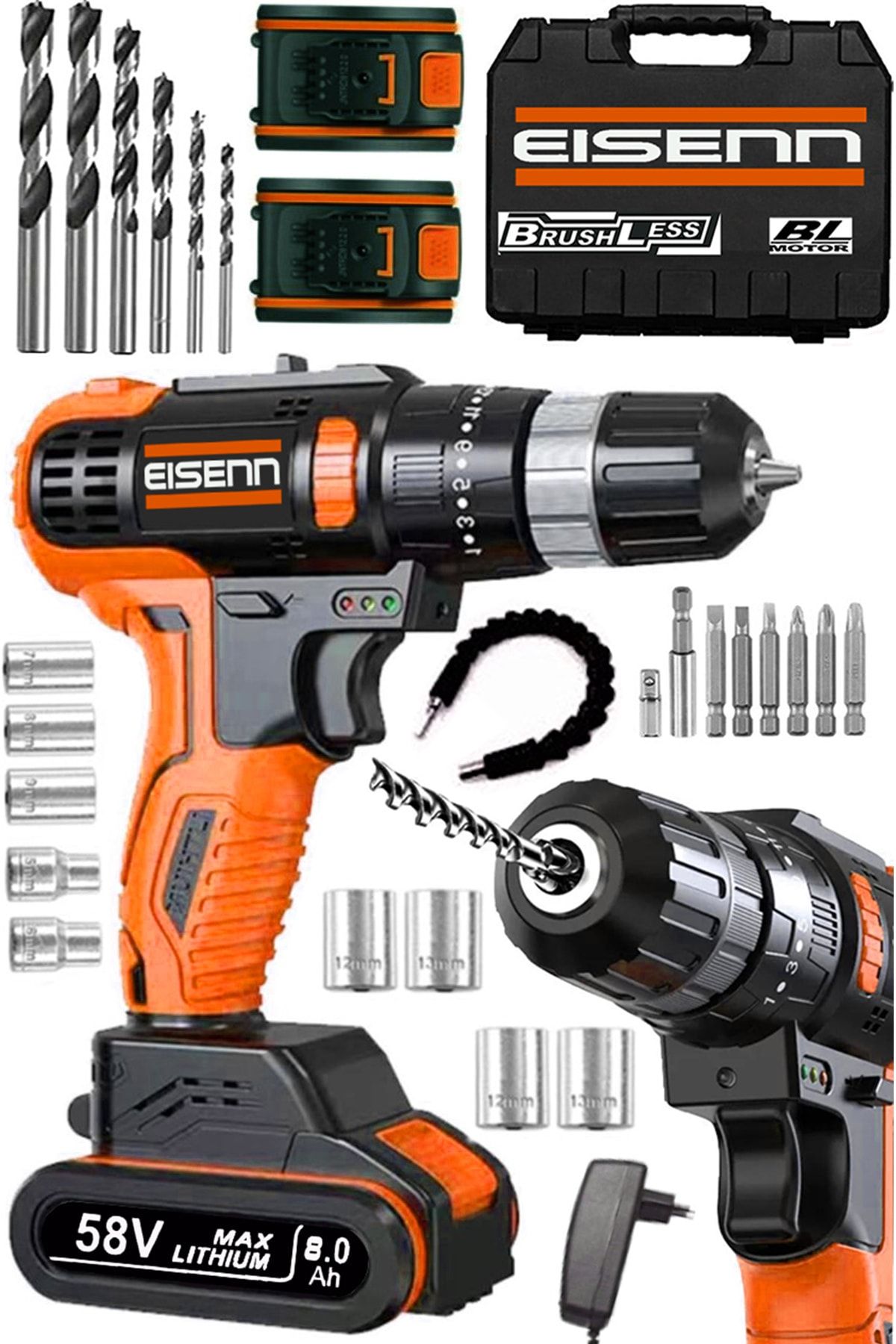 Eisenn Germany Technology Brushless Motor 58 V 8 Ah Samsung Çift Akülü Vidalama Matkap + Usta Set