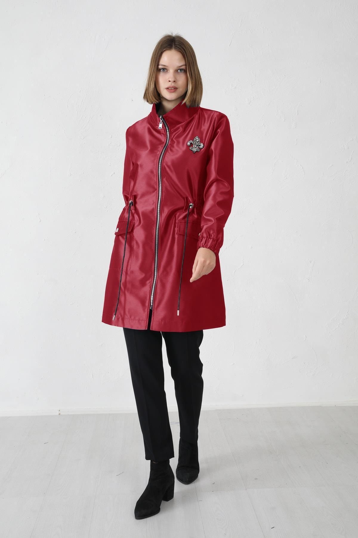 Moodbasic Aksesuarlı Parlak Trench Bordo