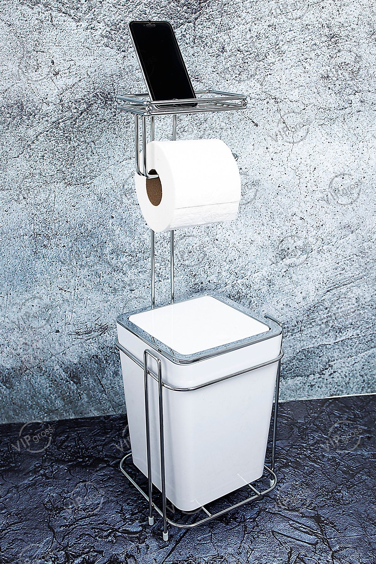 vipgross Vıpgross Wc Kağıtlık Yedekli Çöp Kovası Kb-755 Kare Beyaz Gümüş