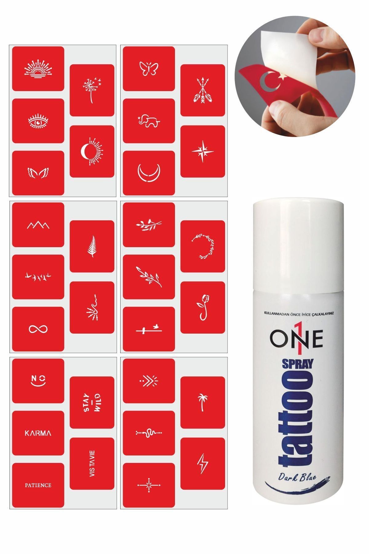 ONE SPRAY TATTOO Minimal Desenler Dark Blue Spreyli Dövme Seti 30 Adet Minik Desen