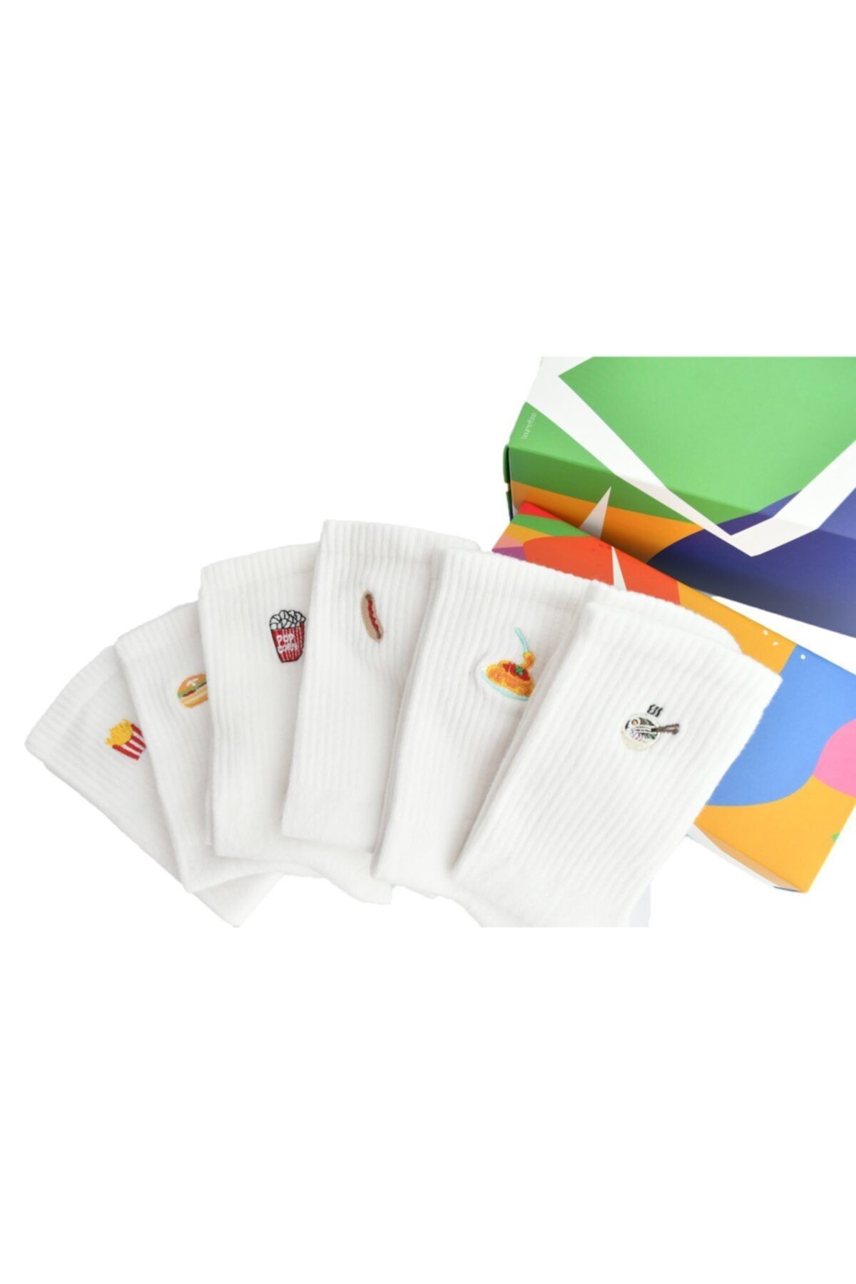 Roi Socks Fast Food Desen Nakışlı Beyaz Altılı Soket Set