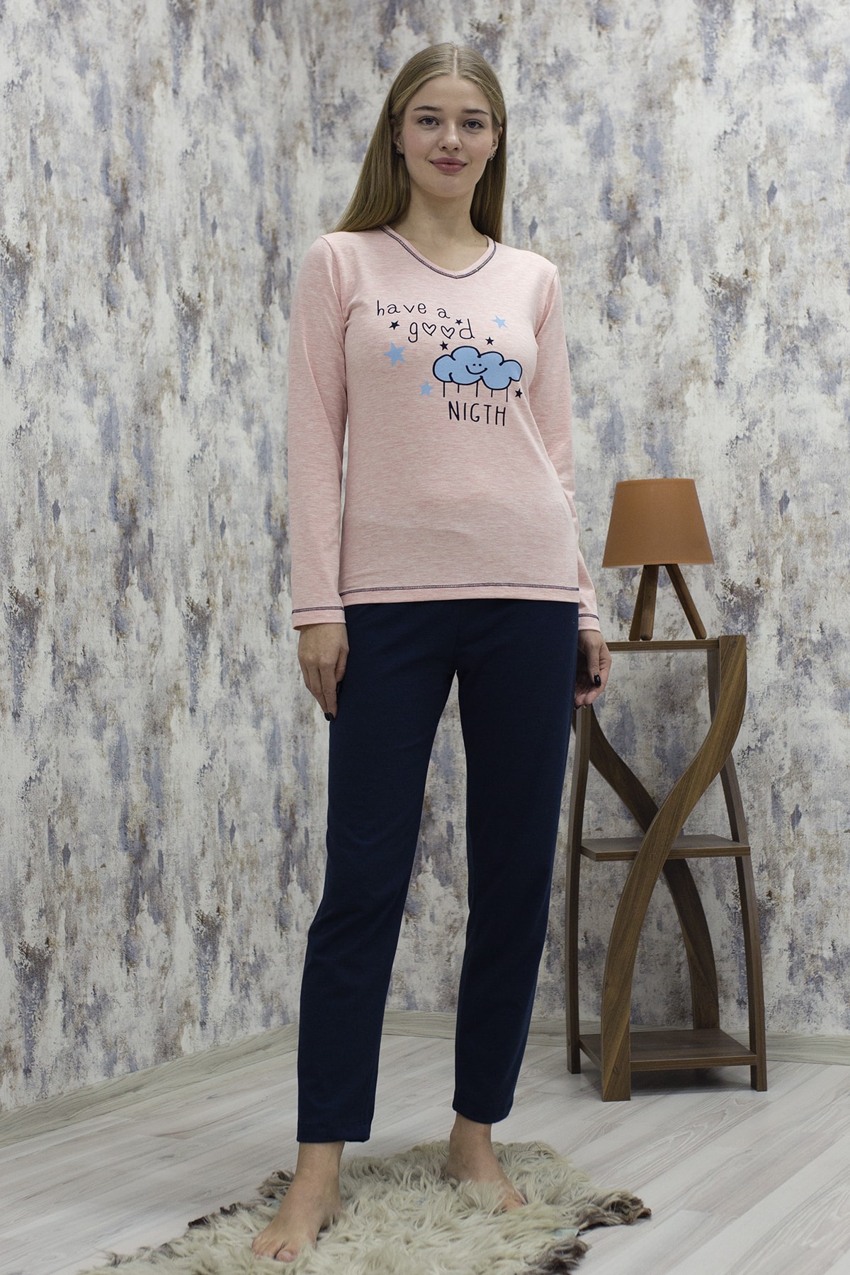STYLE SENFONİ Erb Dıamond V Yaka Mevsimlik Licralı Uzun Kol Kadın Pijama