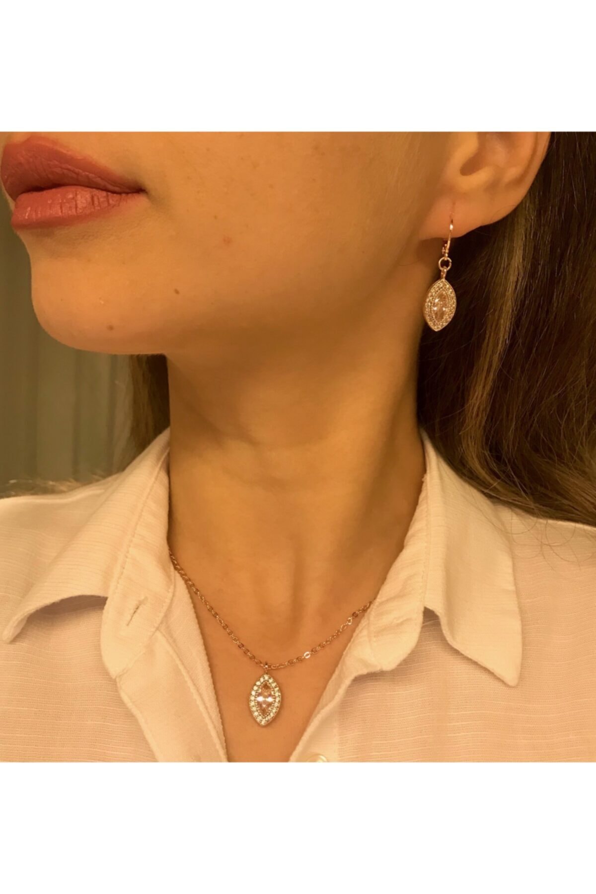 Accelonia Altın Kaplama Zirkon Taşlı Oval Model Kolye Küpe Set