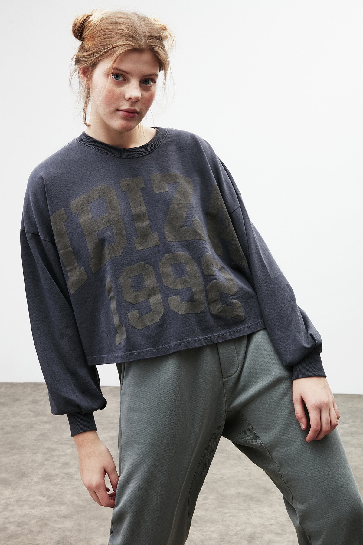 GRIMELANGE Deborah Kadın Siyah Baskılı Bisiklet Yaka Oversize T-shirt