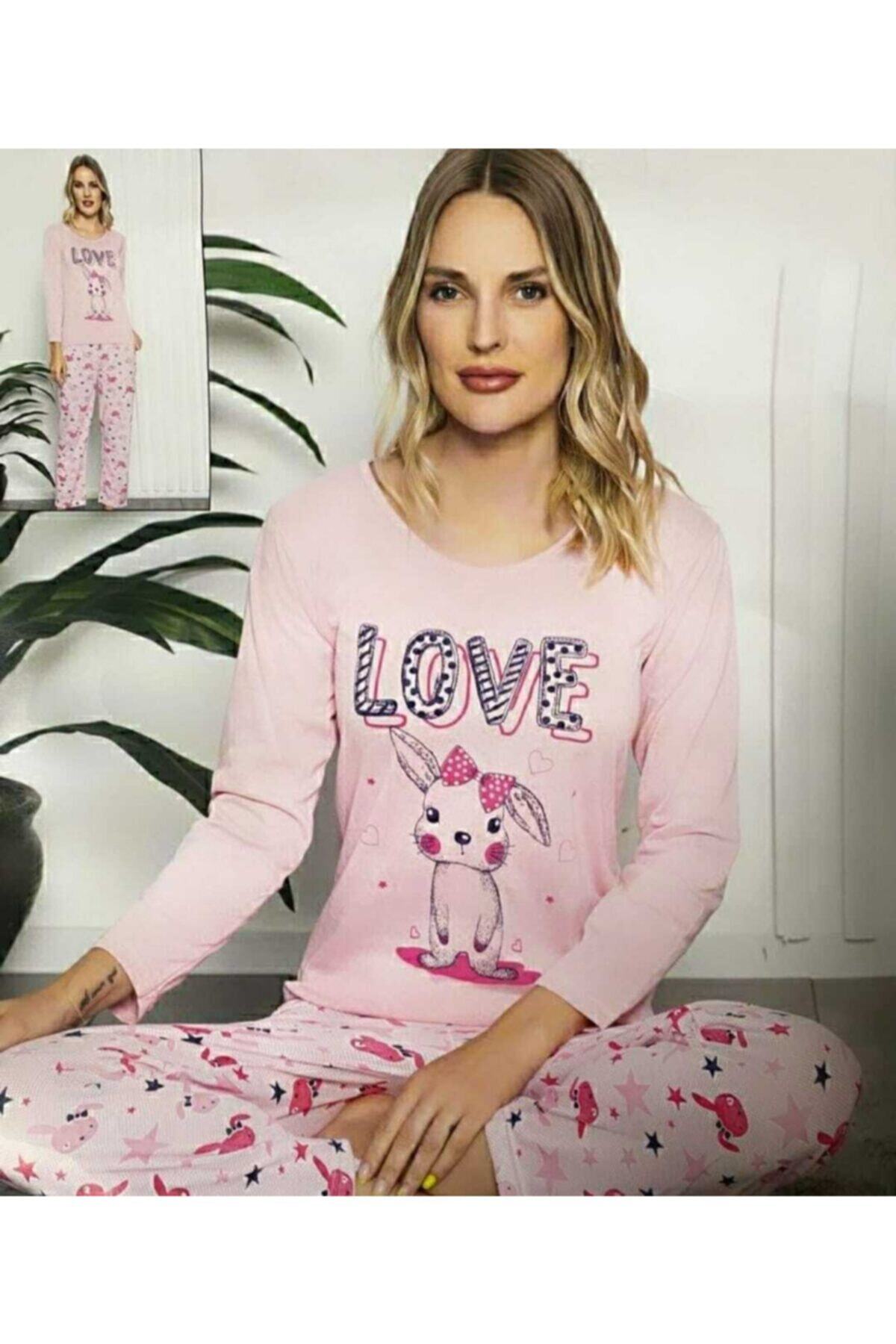 USLULAR Açık Pembe Love Tavşan Baskılı Uzun Kollu Pijama Takımı