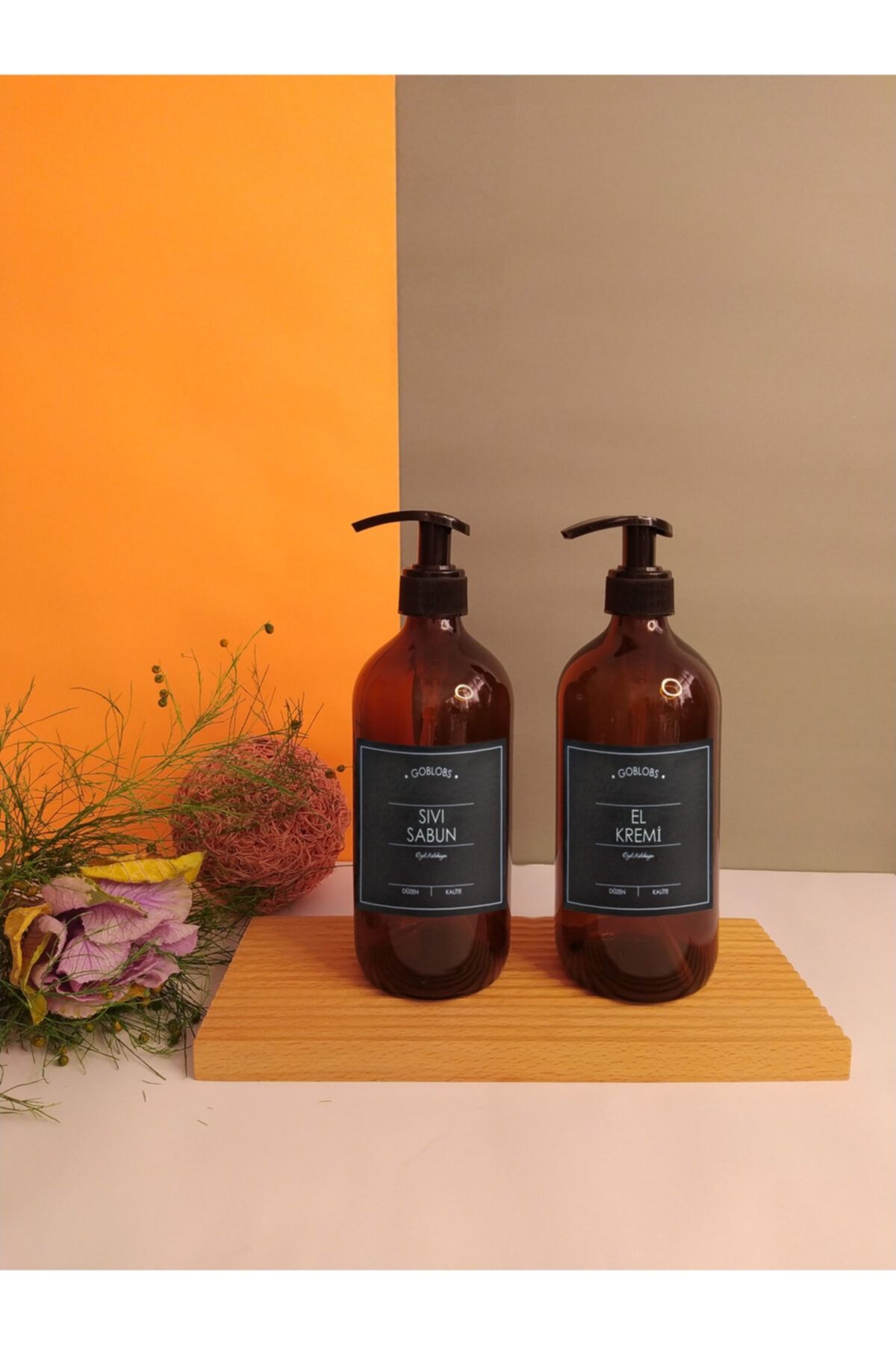GO BLOBS 2'li Set 500ml Amber Kahverengi Cam Şişe Sıvı Sabun & El Kremi Siyah Etiketli