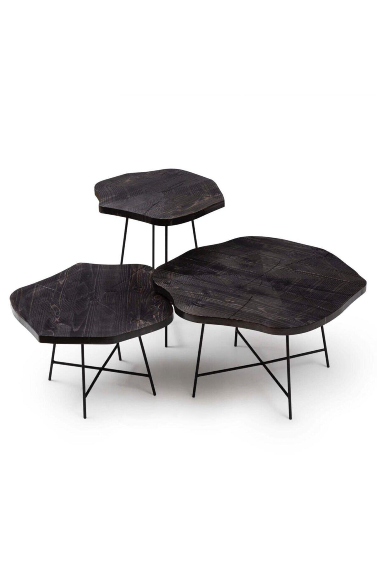 BEKALIVING Willy Ahşap Siyah Minimal Üçlü Sehpa Modern 3 Lü Sehpa Takımı