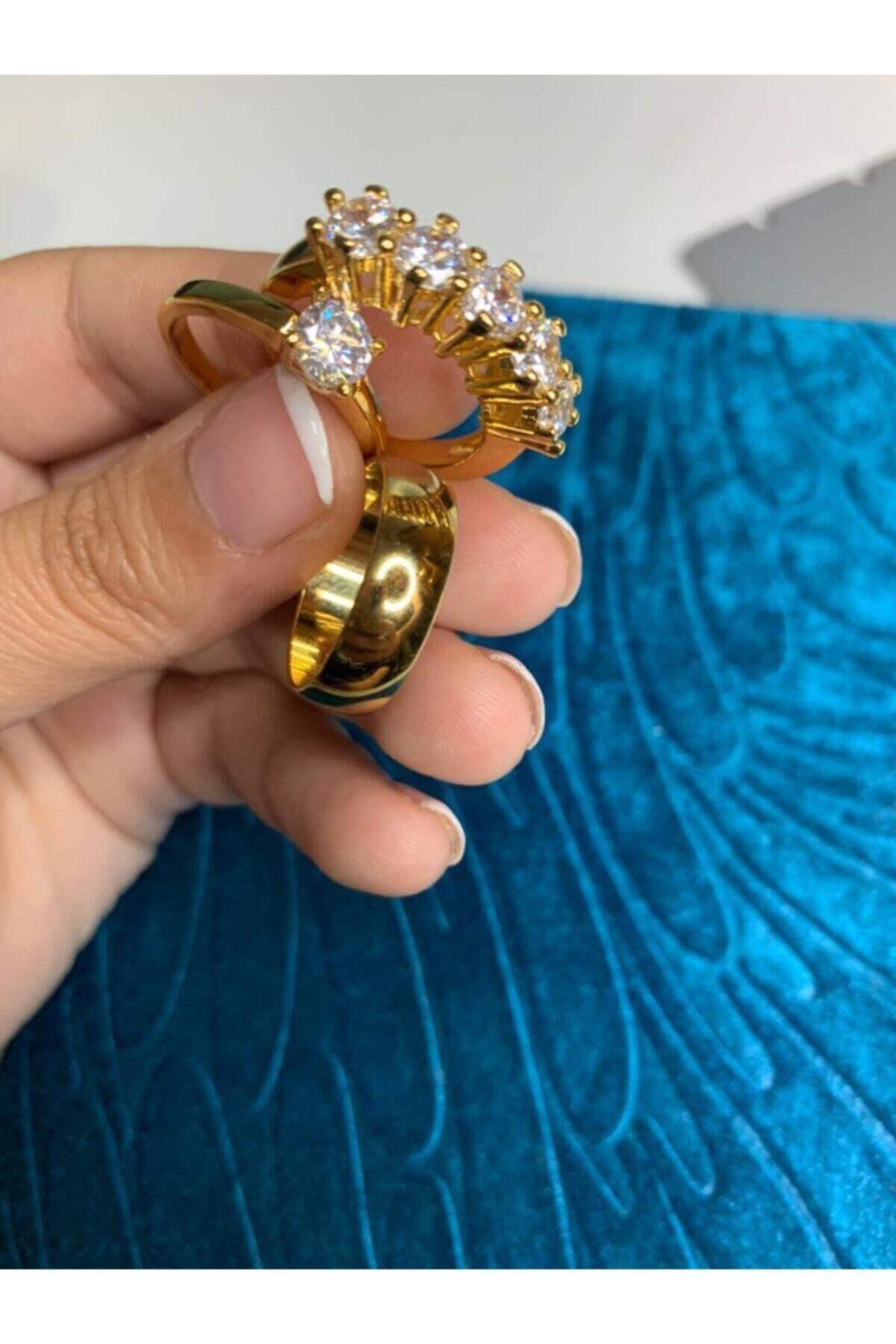 Elit Gold kaplama Alyans Set Zirkon Taşlı Beştaş+tektaş+bombeli Alyans