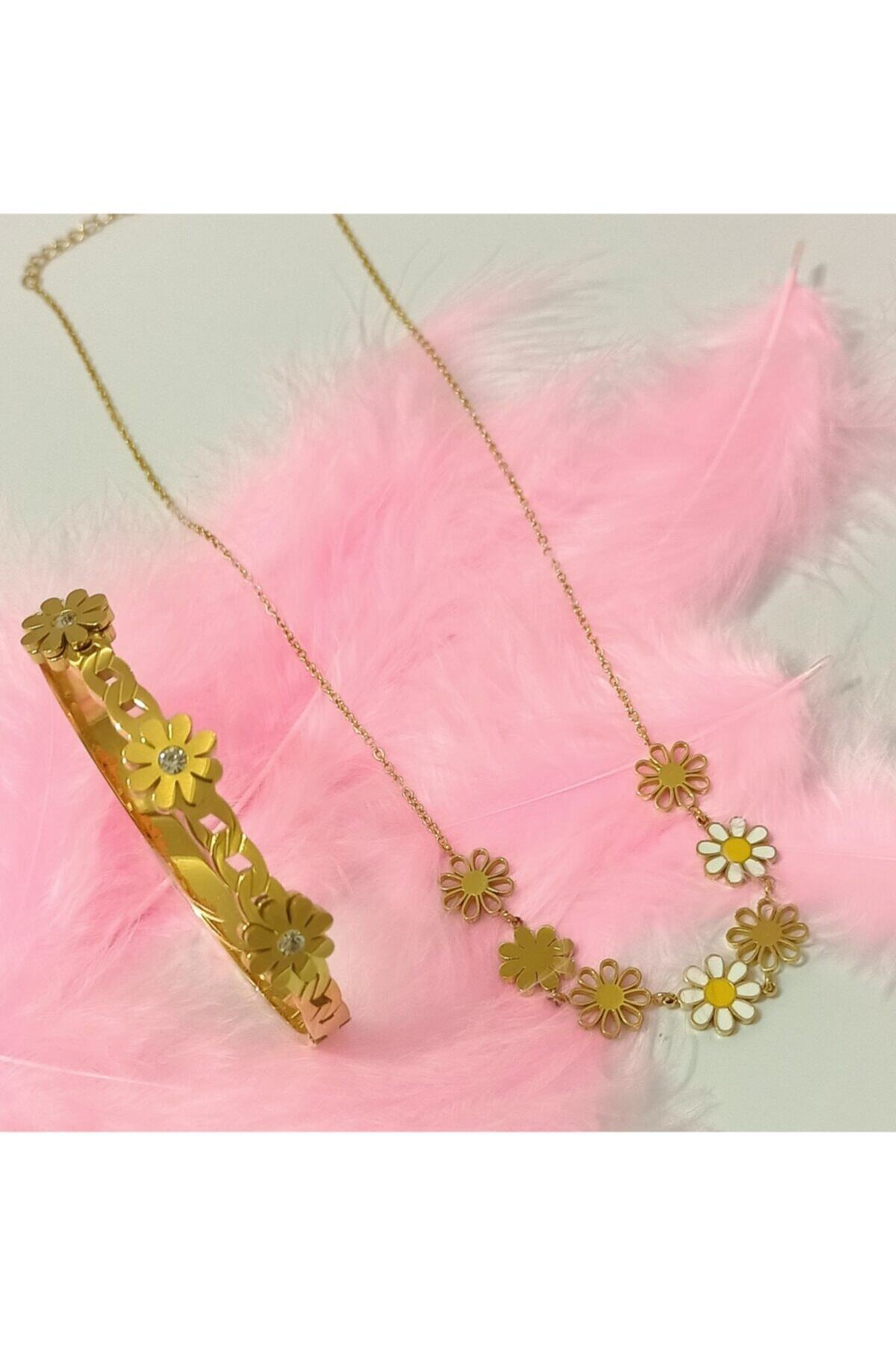 ARUS BİJUTERİ Papatya Kelepçe & Kolye Çelik Set