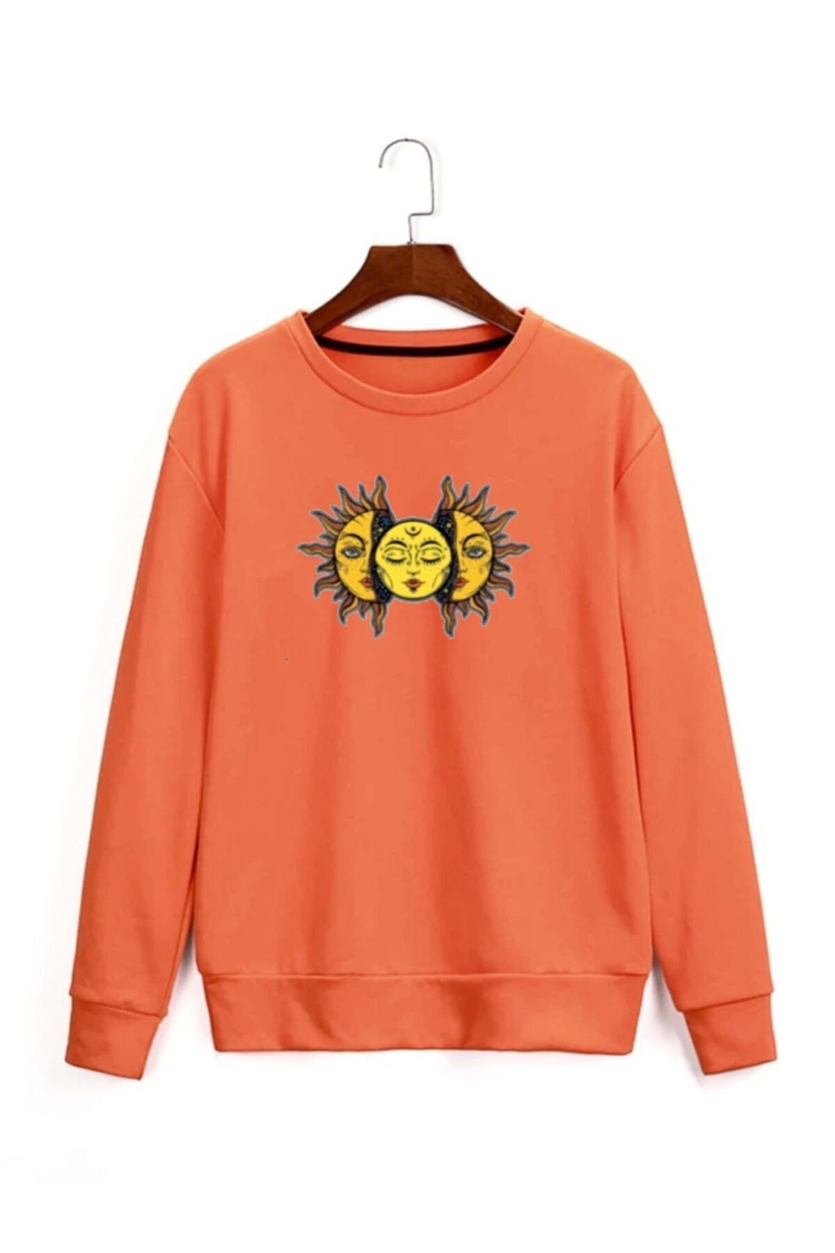 AFROGİYİM Turuncu Oversize Sweatshirt Güneş Baskılı