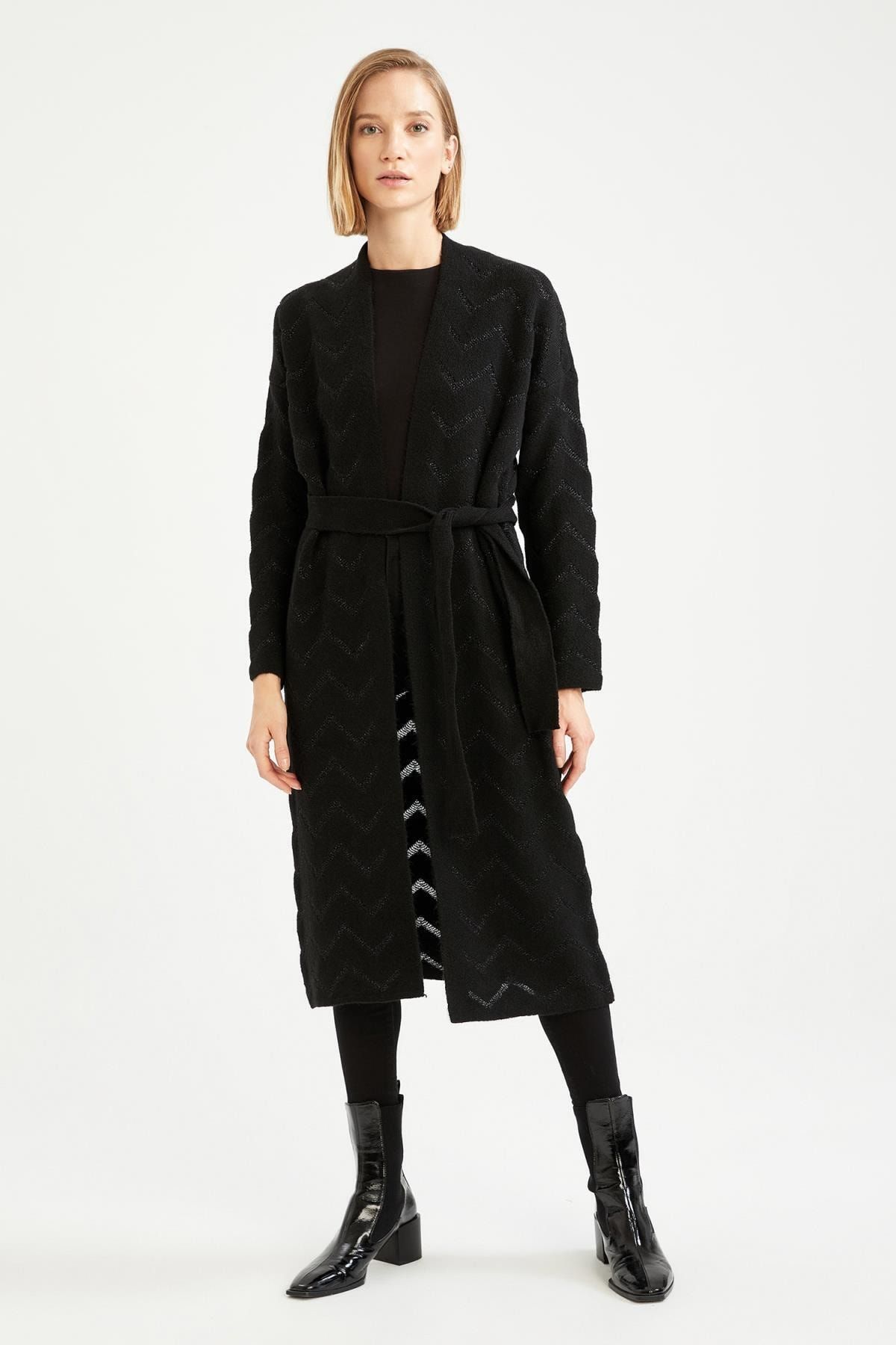 DeFacto Oversize Fit V Yaka Uzun Kuşaklı Triko Hırka