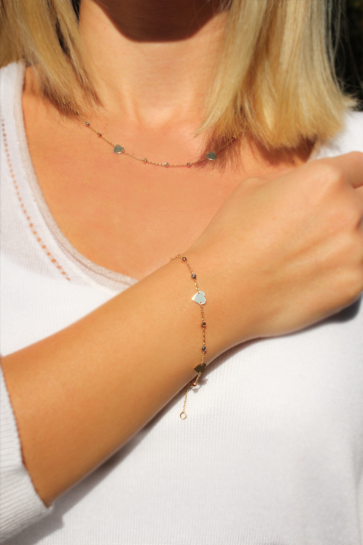 Selika Kuyumculuk Kadın 14 Ayar Altın 3 Renk Dorika Toplu Kalp Plakalı Set