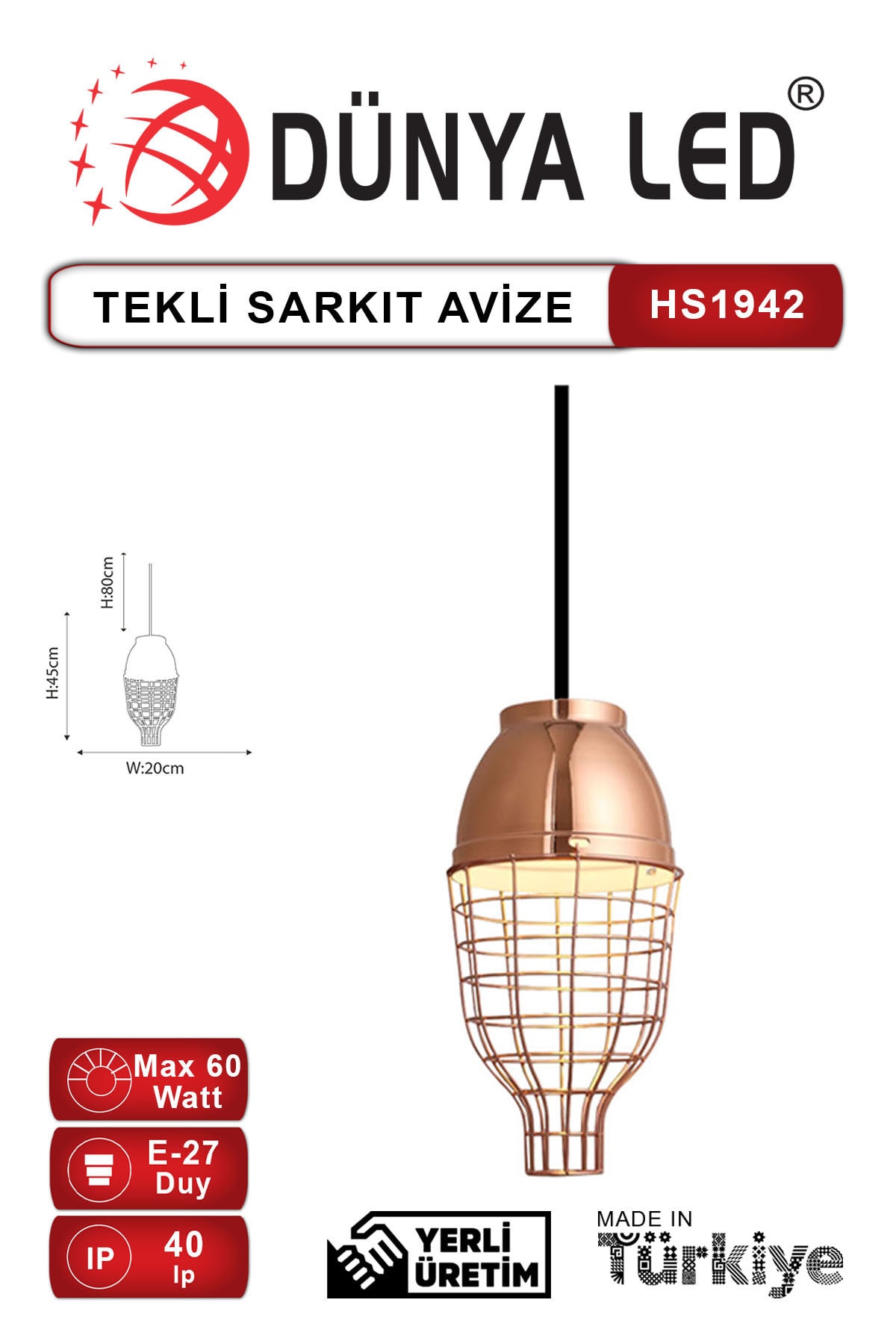 DÜNYA LED Hs.1942 Dekoratif Modern Tekli Avize Silver Salon Cafe Hol Ofis Aydınlatması